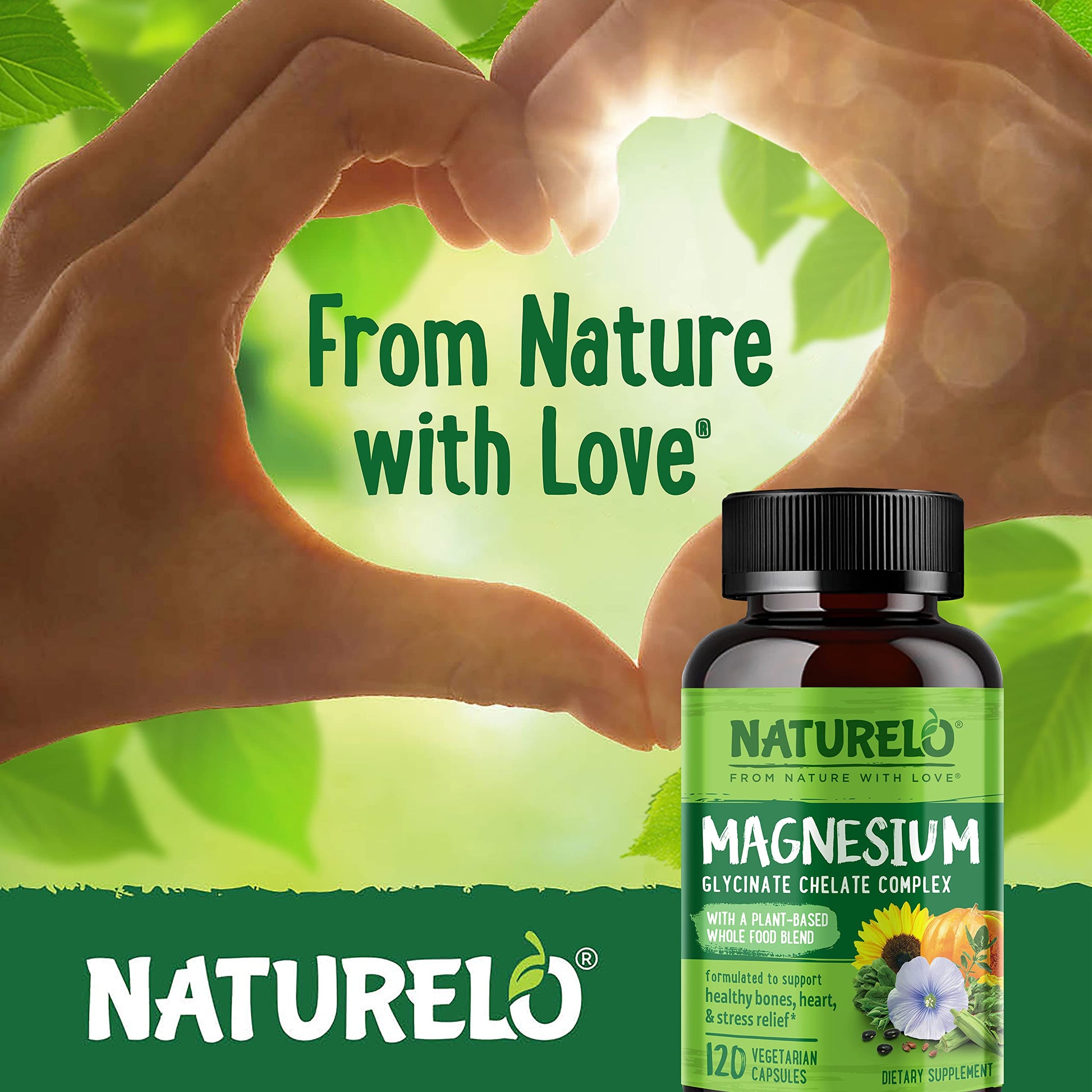 NATURELO Magnesium Glycinate Chelate Complex - 200 mg Magnesium with Organic Vegetables to Support Sleep, Calm, Muscle Cramp & Stress Relief - Gluten Free, Non GMO - 120 Capsules NATURELO Au supplements