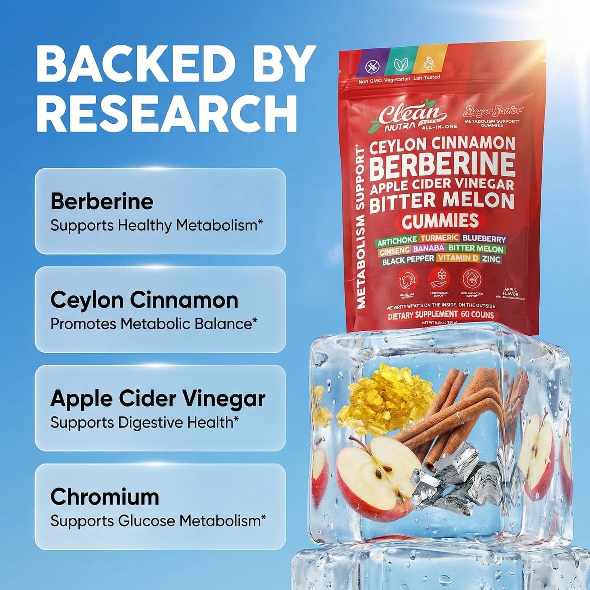 Sugar Savior Ceylon Cinnamon Berberine Gummies Apple Cider Vinegar Artichoke Turmeric Blueberry Ginseng Banaba Bitter Melon Black Pepper Vitamin D Zinc GLP1 Gummies 60 Count by Clean Nutra Clean Nutraceuticals Au supplements