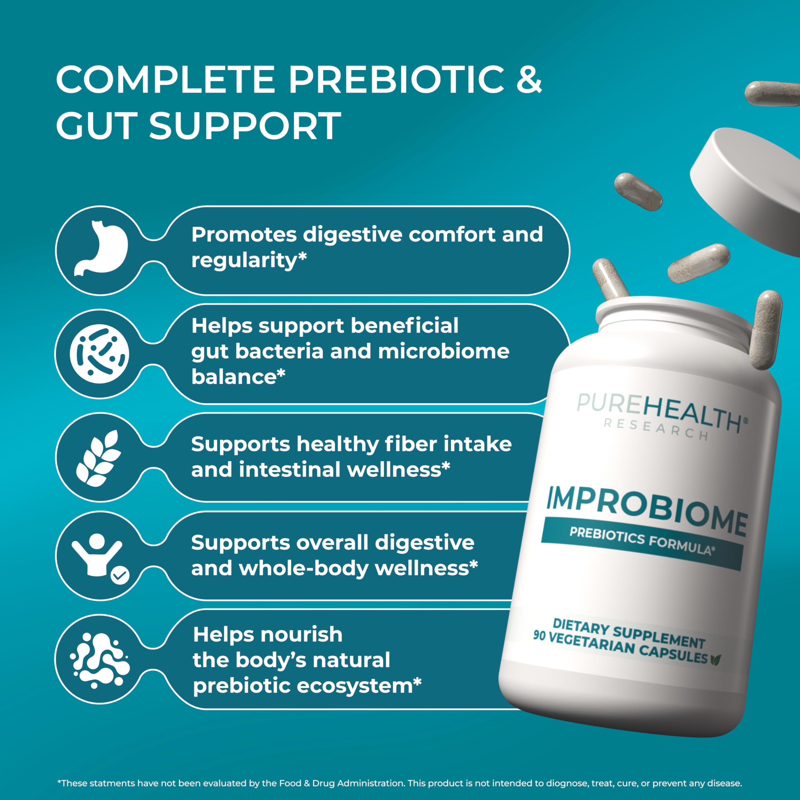 PUREHEALTH Research Improbiome - Prebiotic Fiber - Natural Support for Healthy Gut Prebiotics - Digestive Nutritional Supplements - with Jerusalem Artichoke, Apple Pectin & More - 90 Capsules PUREHEALTH RESEARCH Au supplements