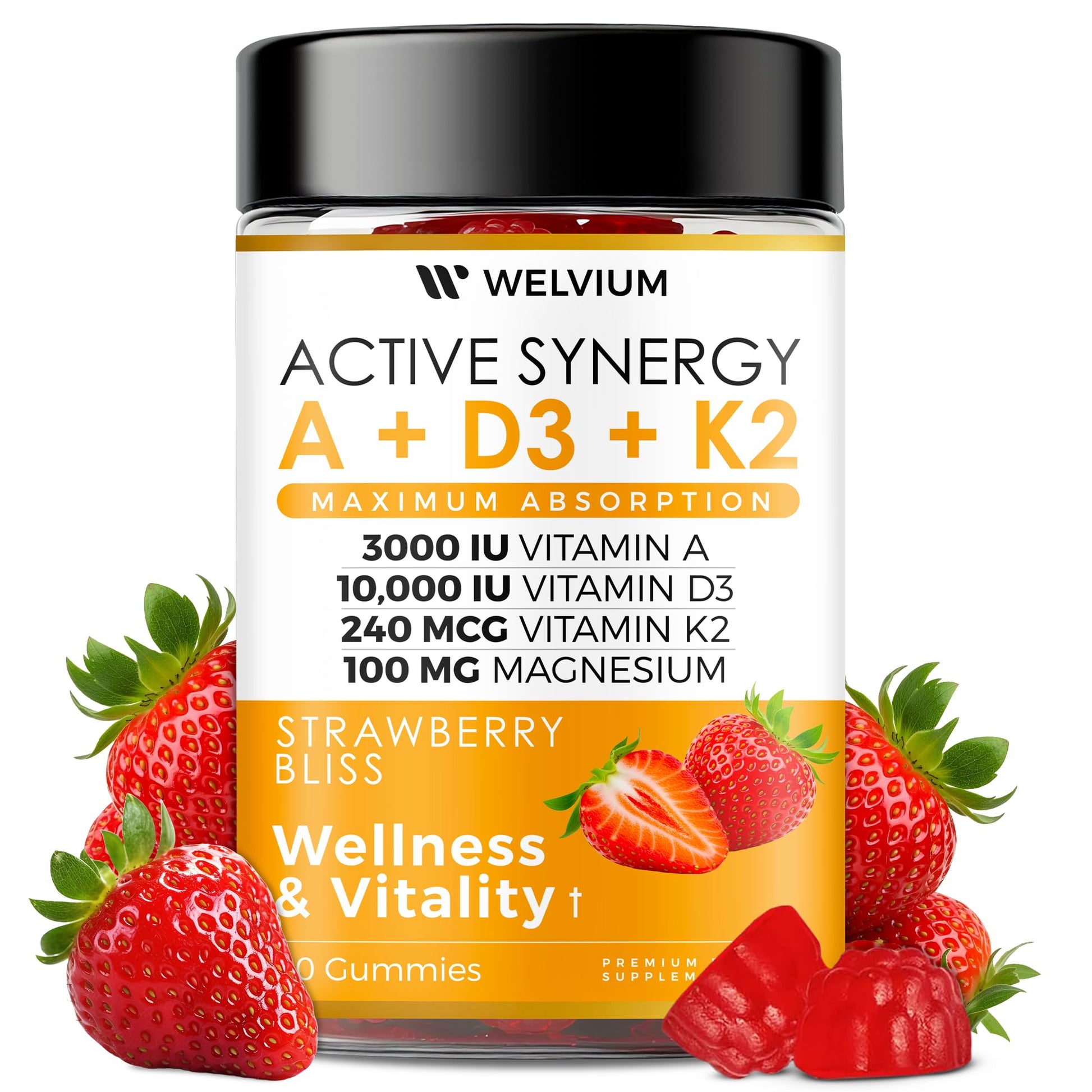 WELVIUM Vitamin D3 K2 Gummies 10000 IU with Magnesium Glycinate, Calcium, B12, K2 MK-7, Vitamins A, E, Lutein, Zeaxanthin - ADK Chewable Supplement for Bone, Eye, Immune Support - D3K2 Gummies WELVIUM Au supplements