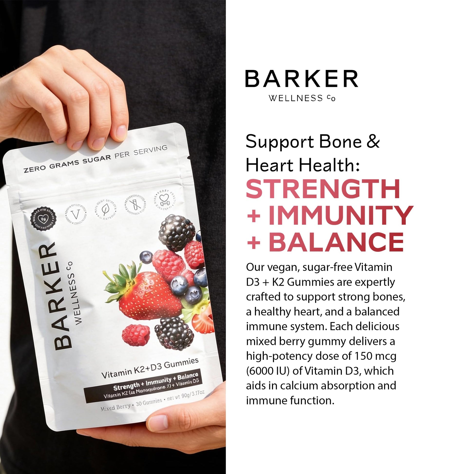 Barker Wellness D3 K2 Vitamin Gummies – Max Potency 6000IU D3 + 200mcg K2 for Strong Bones, Cardiovascular Wellness, Immune Support | Vegan, Sugar-Free, Delicious Mixed Berry | 30 Servings Barker Wellness Co Au supplements
