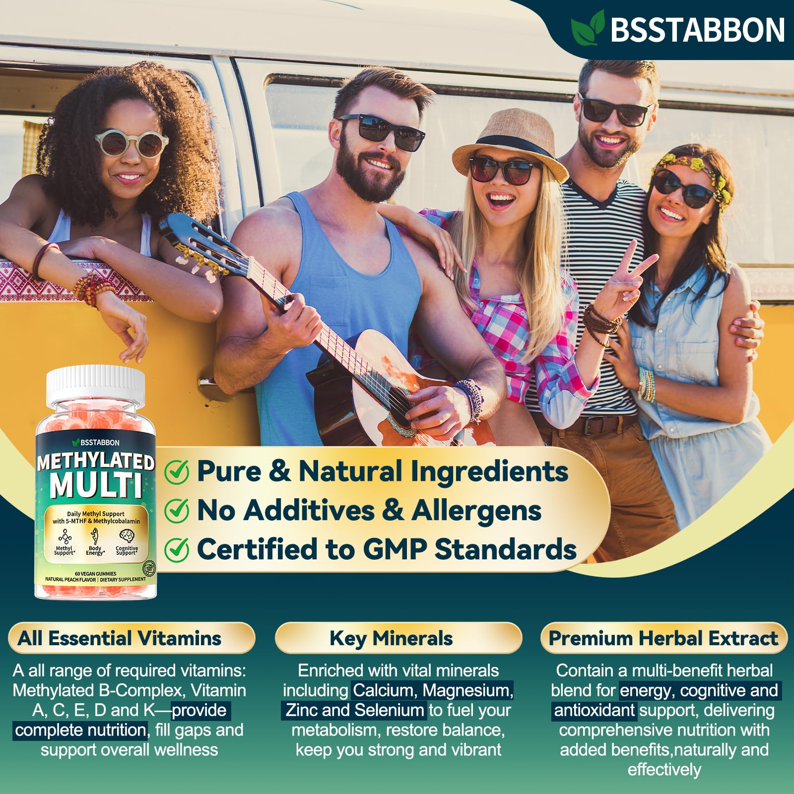 BSSTABBON Methylated Multivitamin for Women Men: Organic Iron Free Multivitamins Gummies plus 5-MTHF Active B12 P5P CoQ10 NAC TMG - Chewable Sugar Free Gummy for Energy Immune Overall Health(120Count) BSSTABBON Au supplements