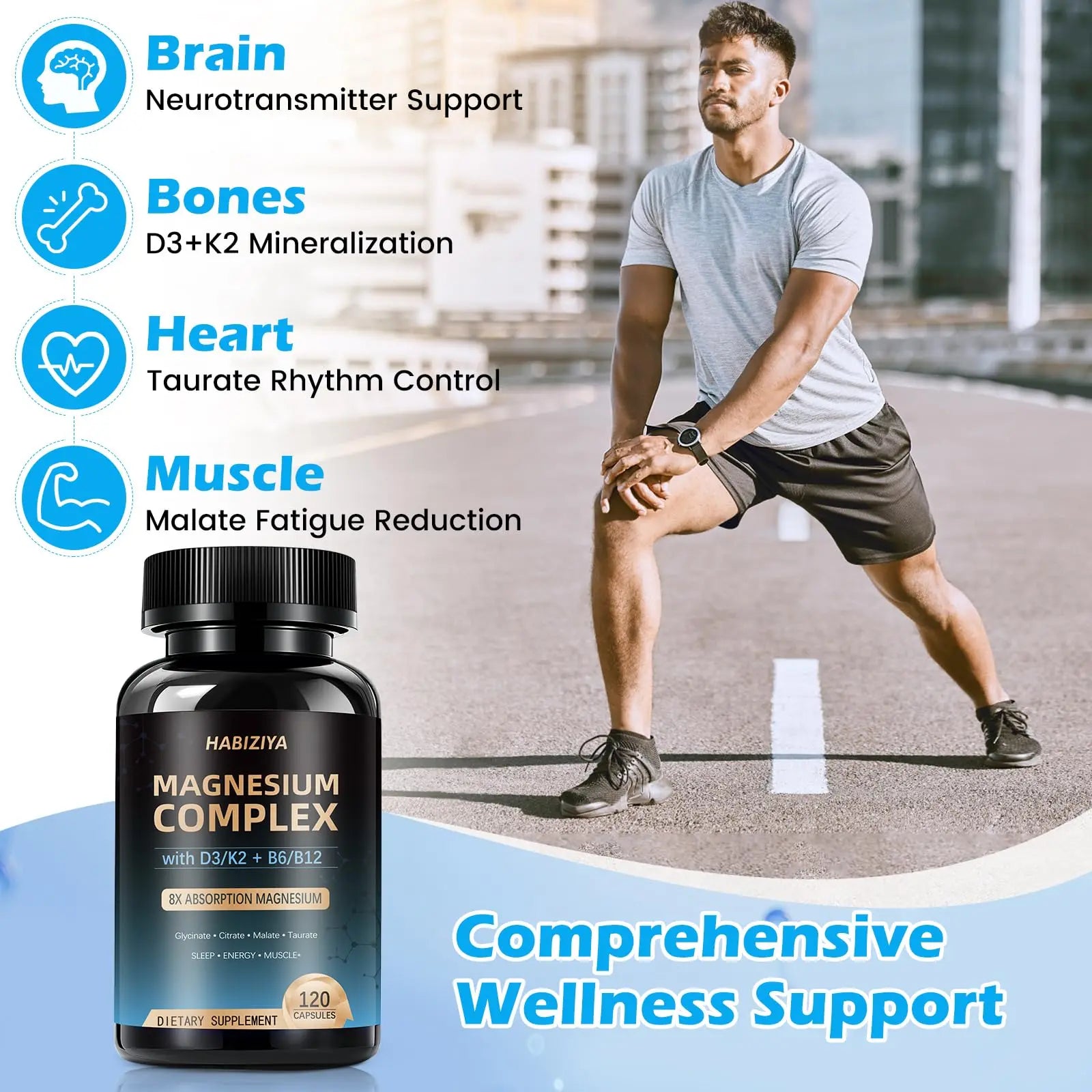 Magnesium Complex Supplement 600mg with with D3 K2 MK7 & B Vitamins High Absorption Capsules with Glycinate, Citrate & Malate,Taurate Relaxation,Muscle,Heart Support, Vegan 120 Capsules HABIZIYA Au supplements
