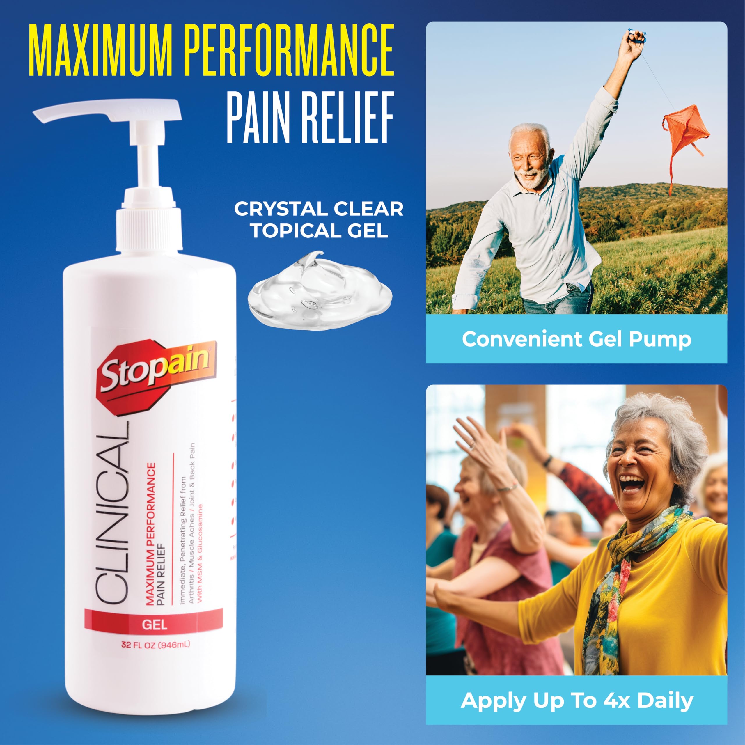 Stopain Clinical Pain Relief Gel 32 oz - Professional Formula for Arthritis, Knee, Back & Muscle Pain - Maximum Strength Gel for Joint & Nerve Pains with 10% Menthol Plus Glucosamine - Made in USA Stopain Au supplements