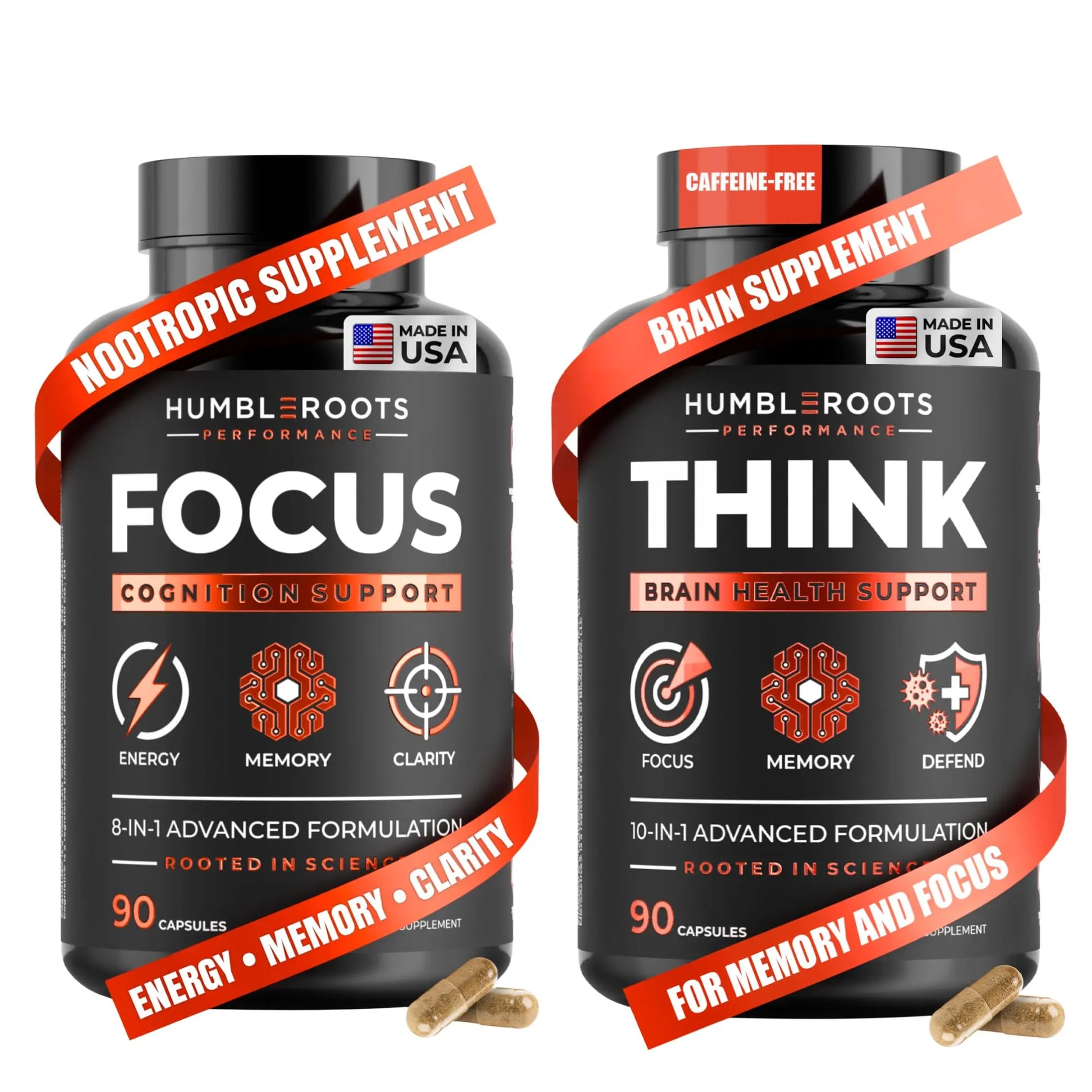 FOCUS + THINK Nootropic Brain Supplement Bundle - Energy, Memory & Focus Support - Caffeine + Caffeine-Free Cognitive Stack with Lion's Mane, Bacopa, Citicoline & L-Theanine - 2 Bottles (90 + 90 Capsu HUMBLEROOTS PERFORMANCE Au supplements