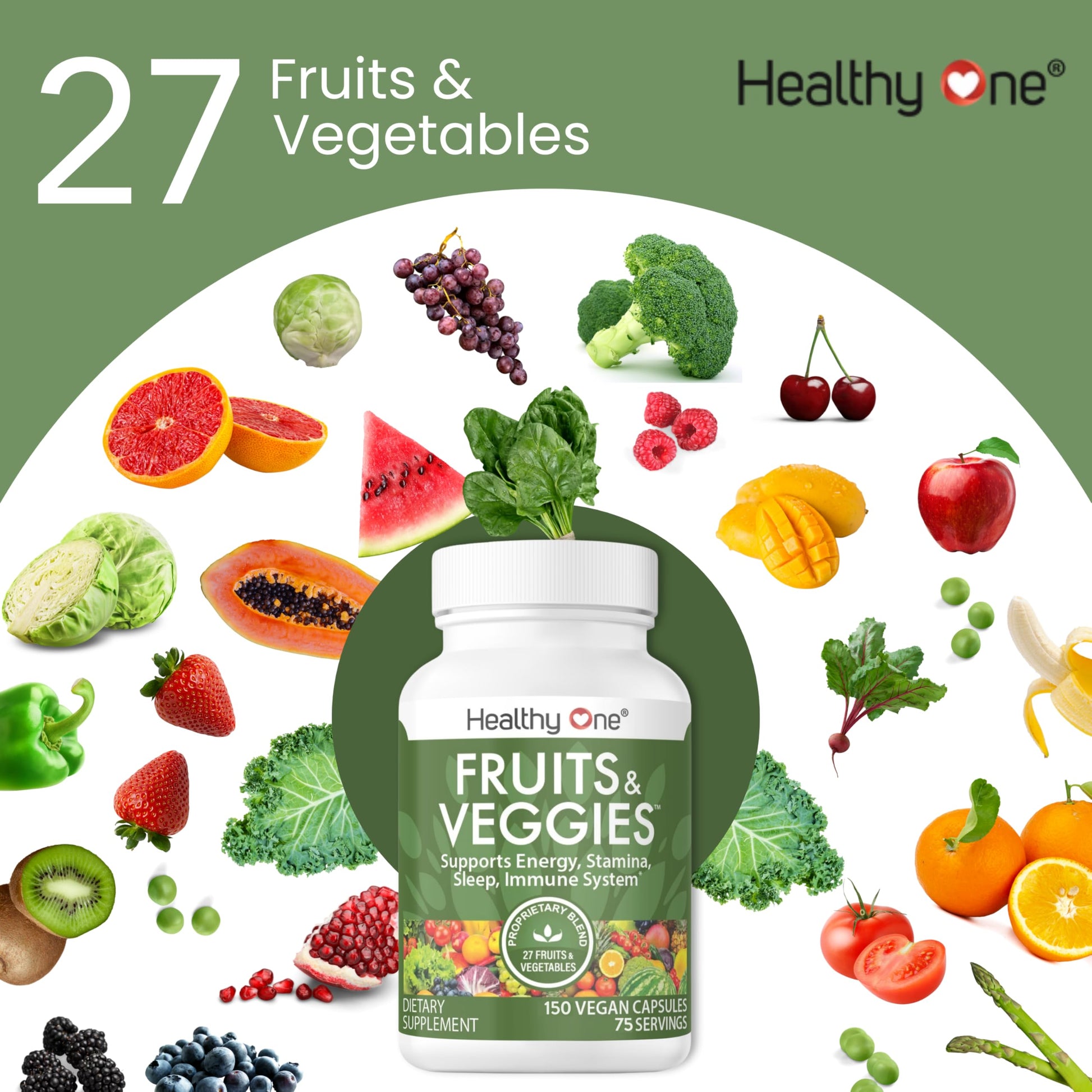 Fruits & Veggies Formula - 27 Premium Whole Foods - Organic Ingredients - Equals 3 Servings of Fruits & Vegetables - Improve Energy, Focus & Immune Function - Fiber - Antioxidants - 150ct (75 Serv) Healthy One Au supplements