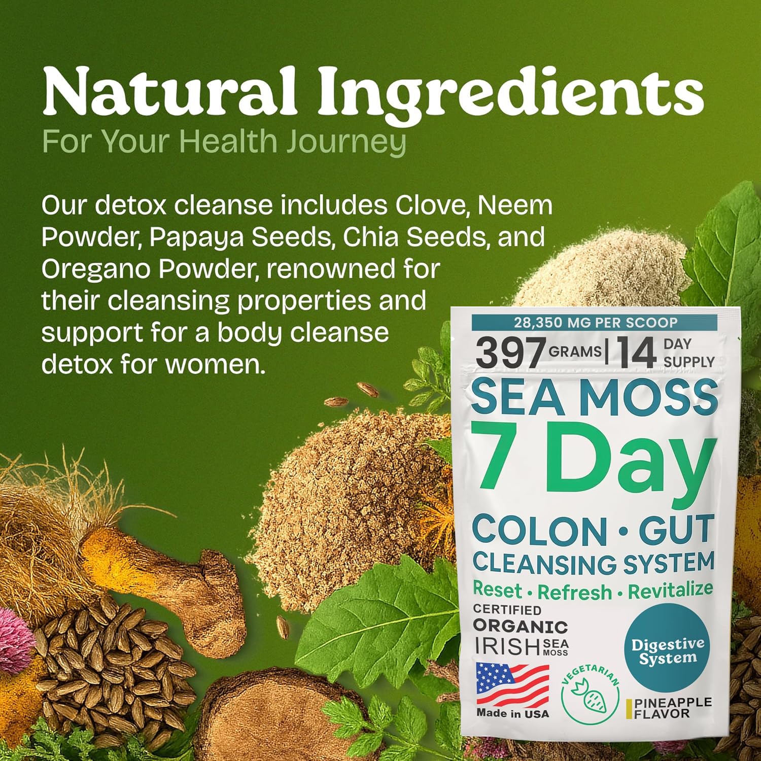 Atlantic Naturals Sea Moss 7-Colon Cleanse Powder | Formulated with Psyllium Husk, Fiber, & Senna Powder | Supports Immune & Gut Health for Women & Men, Pineapple Flavor Drink Mix, 14 oz Atlantic Naturals Au supplements