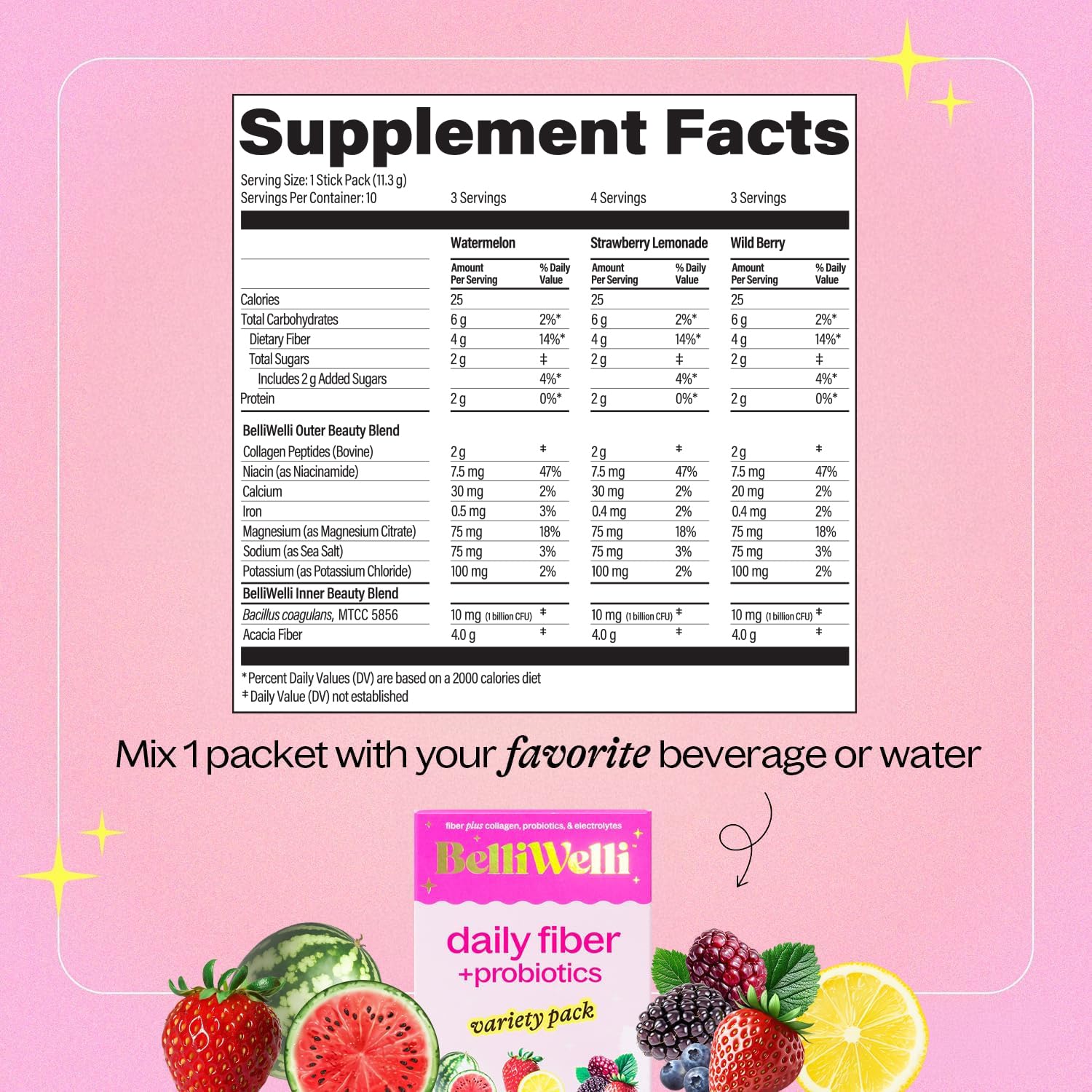 Belli Welli Daily Fiber Supplement Packets with Collagen, Probiotics & Electrolytes | Single Serve Packets for Gut Health, Digestion & Debloating | Variety | 10 Count Belli Welli Au supplements
