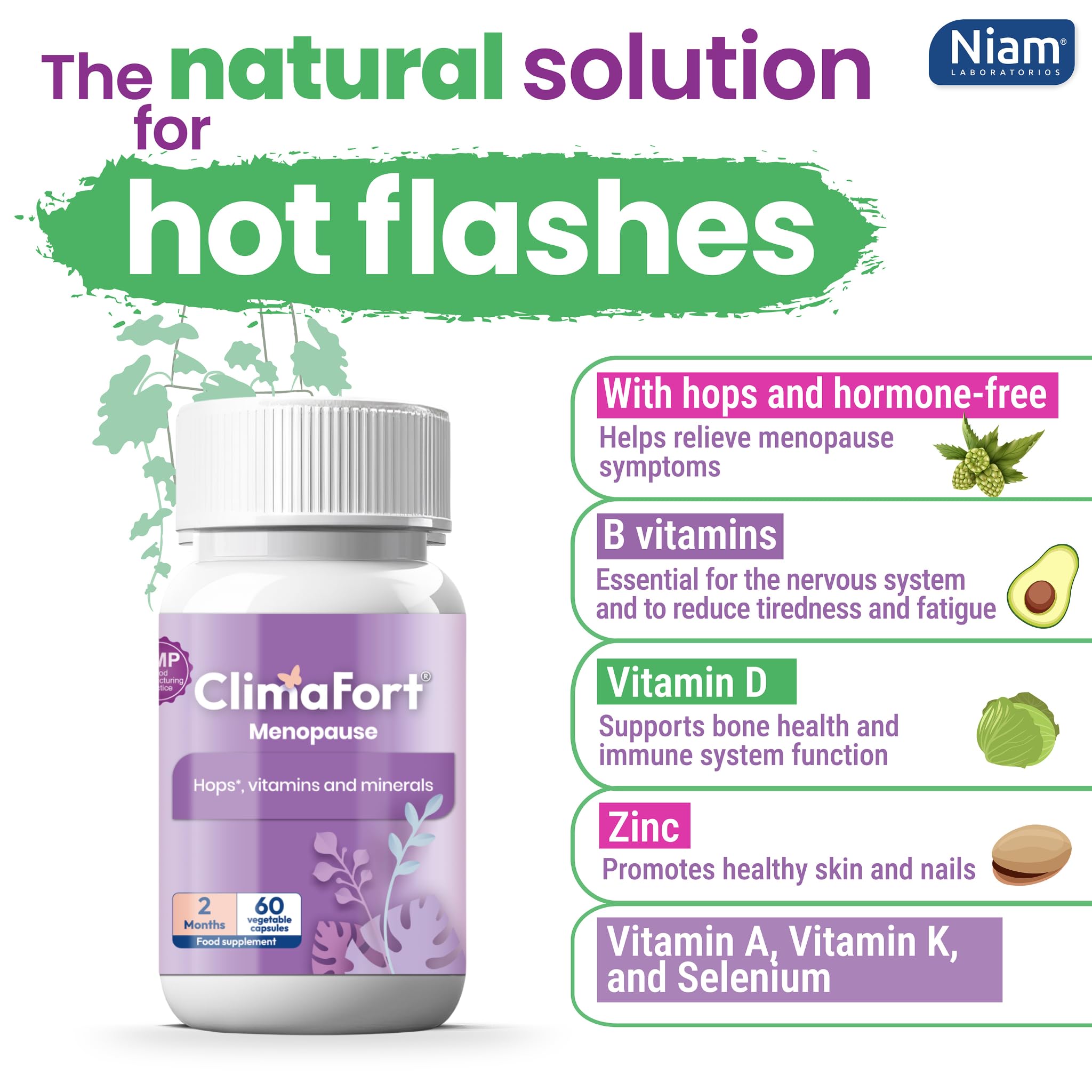 Climafort 60 Day Supply | Menopause Relief Pills | Natural Relief for Hot Flashes, Night Sweats, Mood Swings & Hormone Balance | Hops, Vitamins, and Minerals | 1 Capsule Daily Climafort Au supplements
