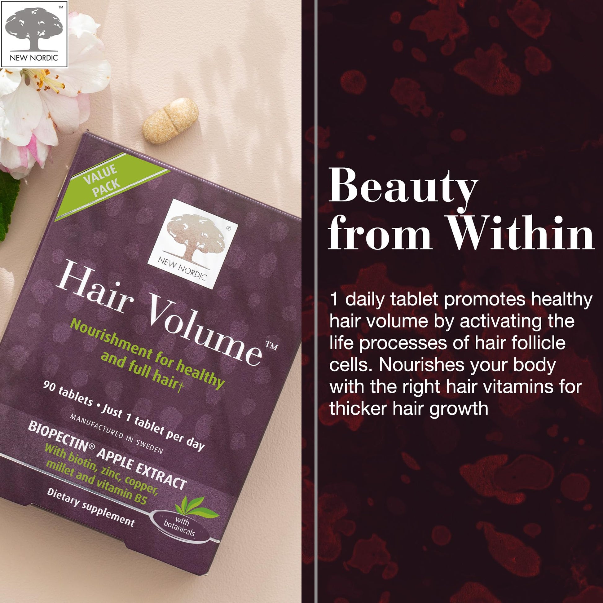 NEW NORDIC Hair Volume Tablets, 3000 mcg Biotin & Biopectin Apple Extract, Hair Vitamins to Support Natural Hair Growth, 90 Count (Pack of 1) NEW NORDIC Au supplements