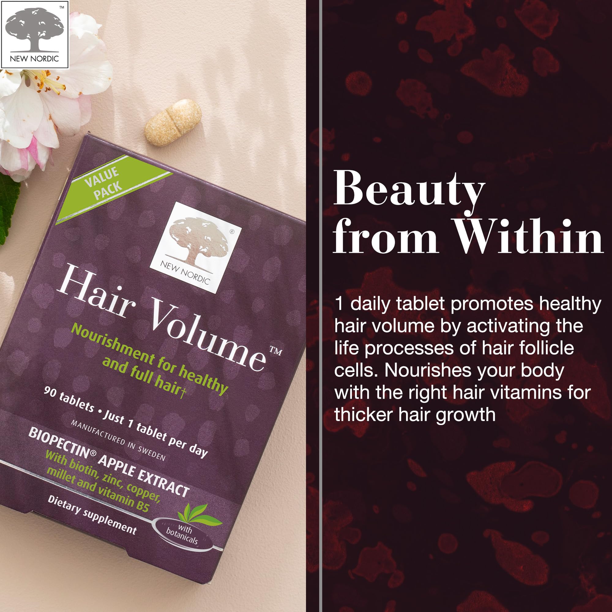 NEW NORDIC Hair Volume Tablets, 3000 mcg Biotin & Biopectin Apple Extract, Hair Vitamins to Support Natural Hair Growth, 90 Count (Pack of 1) NEW NORDIC Au supplements