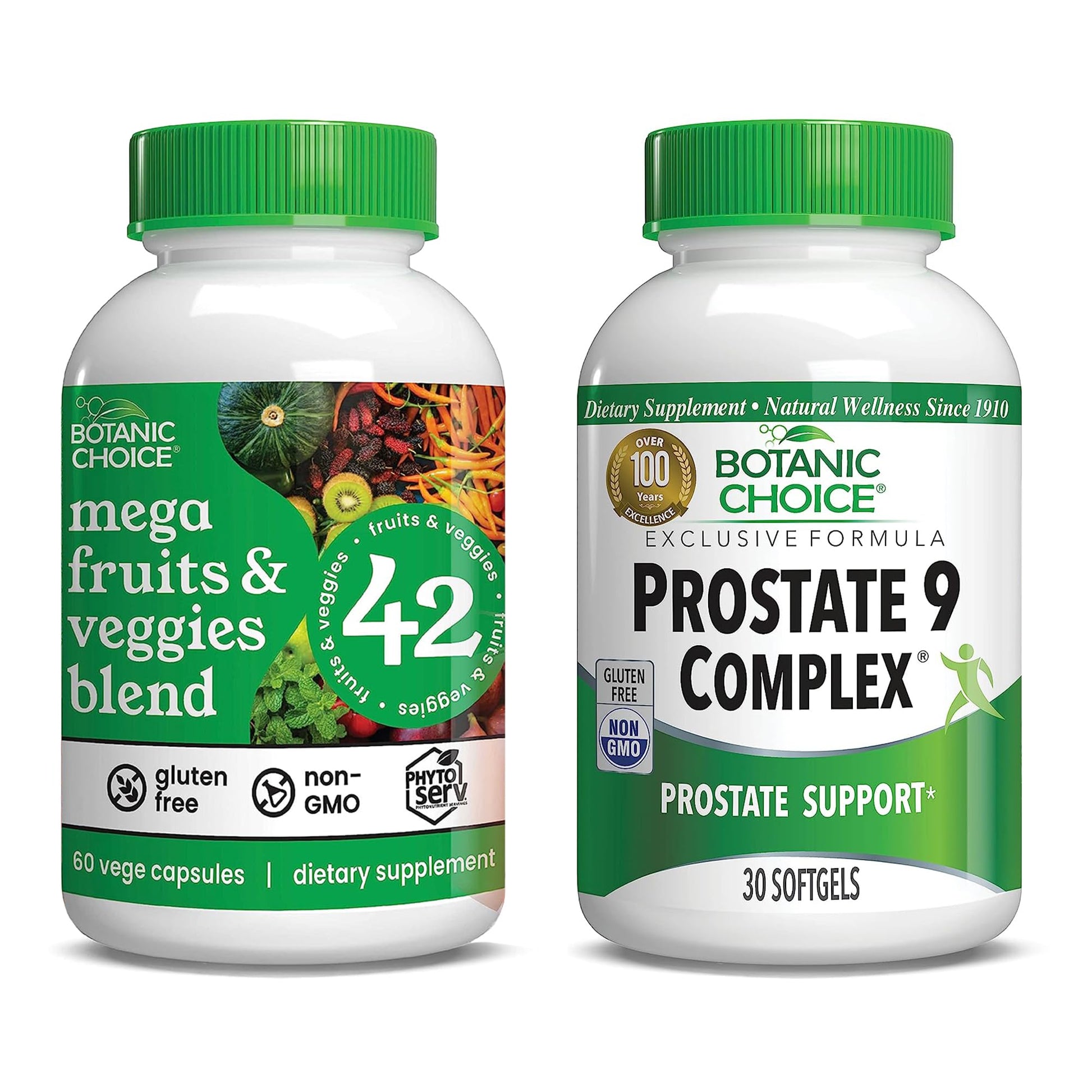 Botanic Choice Mega Fruits and Veggies Blend (60 Capsules) + Prostate 9 Complex (30 Softgels) Bundle - Energy Balance & Superfood Supplement + Urinary Flow & Cellular Health Botanic Choice Au supplements