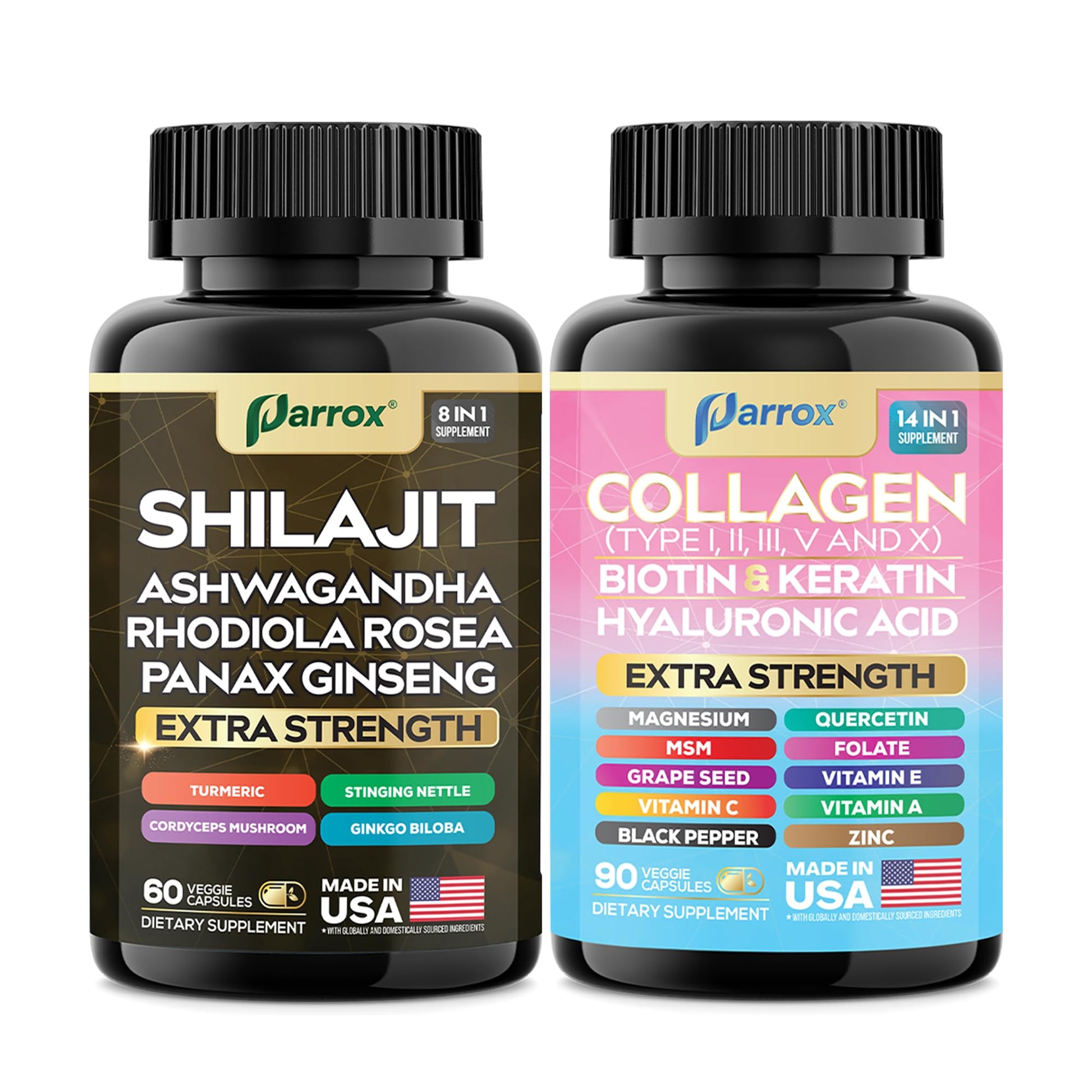 Parrox Adaptogen & Beauty Bundle – Rhodiola, Panax Ginseng, Ashwagandha, Cordyceps, Turmeric, Collagen, Biotin, Keratin, MSM, Hyaluronic Acid, Zinc, Quercetin, Vitamin C, A & E, Folate, Magnesium Parrox Au supplements