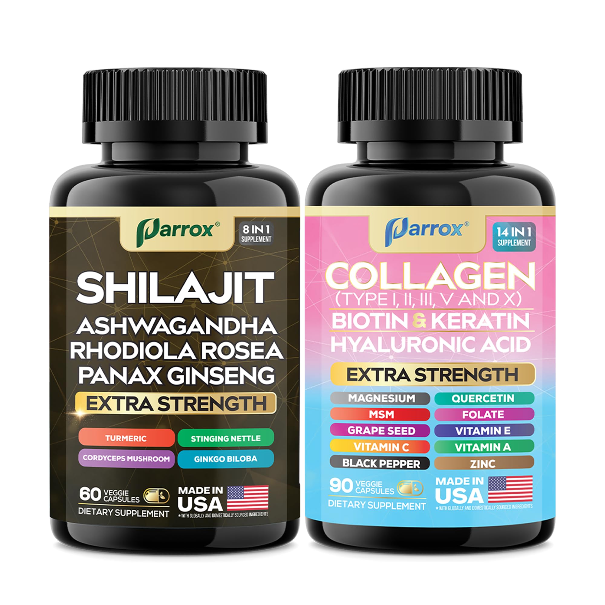 Parrox Adaptogen & Beauty Bundle – Rhodiola, Panax Ginseng, Ashwagandha, Cordyceps, Turmeric, Collagen, Biotin, Keratin, MSM, Hyaluronic Acid, Zinc, Quercetin, Vitamin C, A & E, Folate, Magnesium Parrox Au supplements