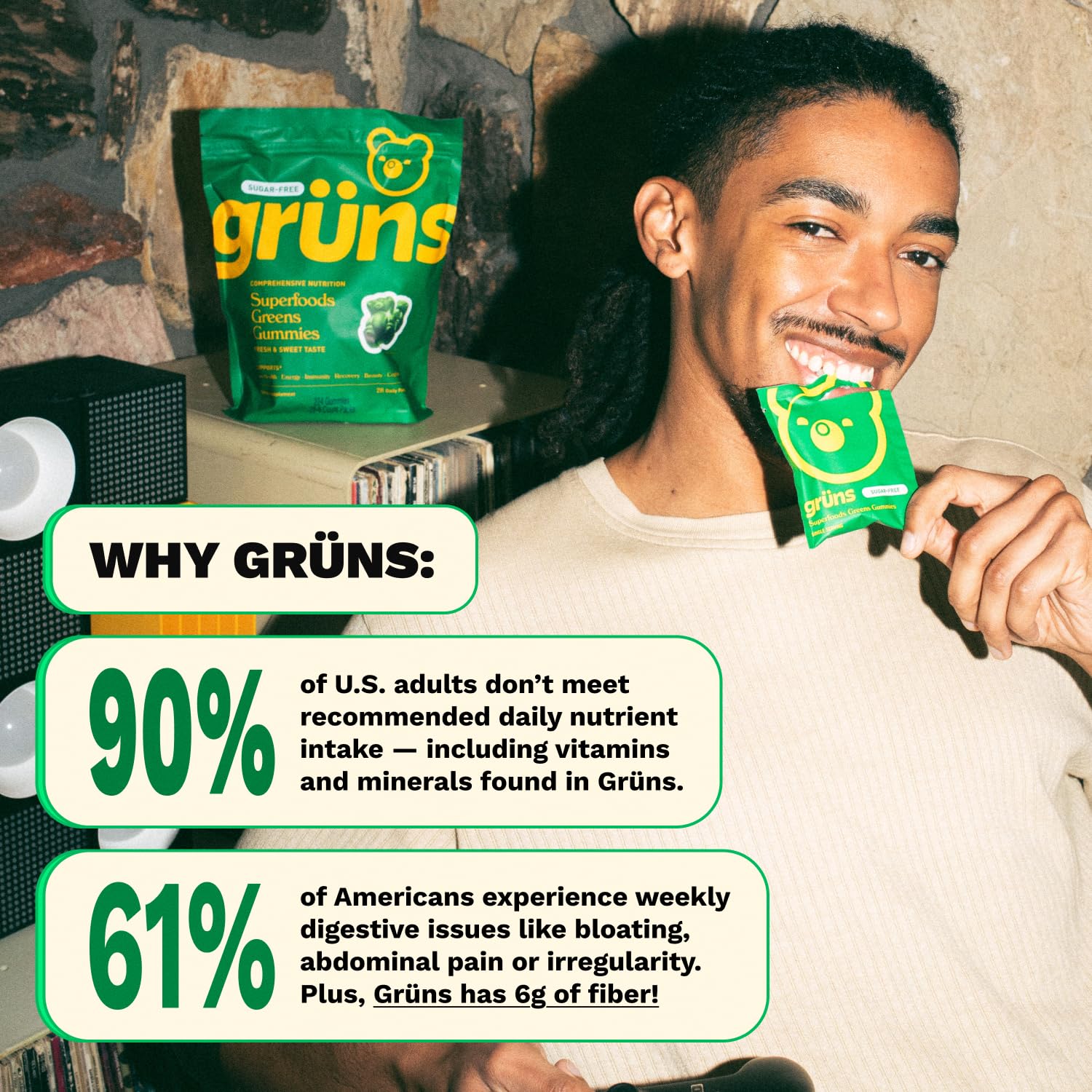 Gruns Adults Super Greens Gummies, Multivitamin Superfood Gummy Bears, Spirulina, Chlorella, Prebiotics & Fiber Gummies for Digestive Health, Adaptogens Supplement, 20 Vitamins & Minerals, 10 Count Grüns Au supplements