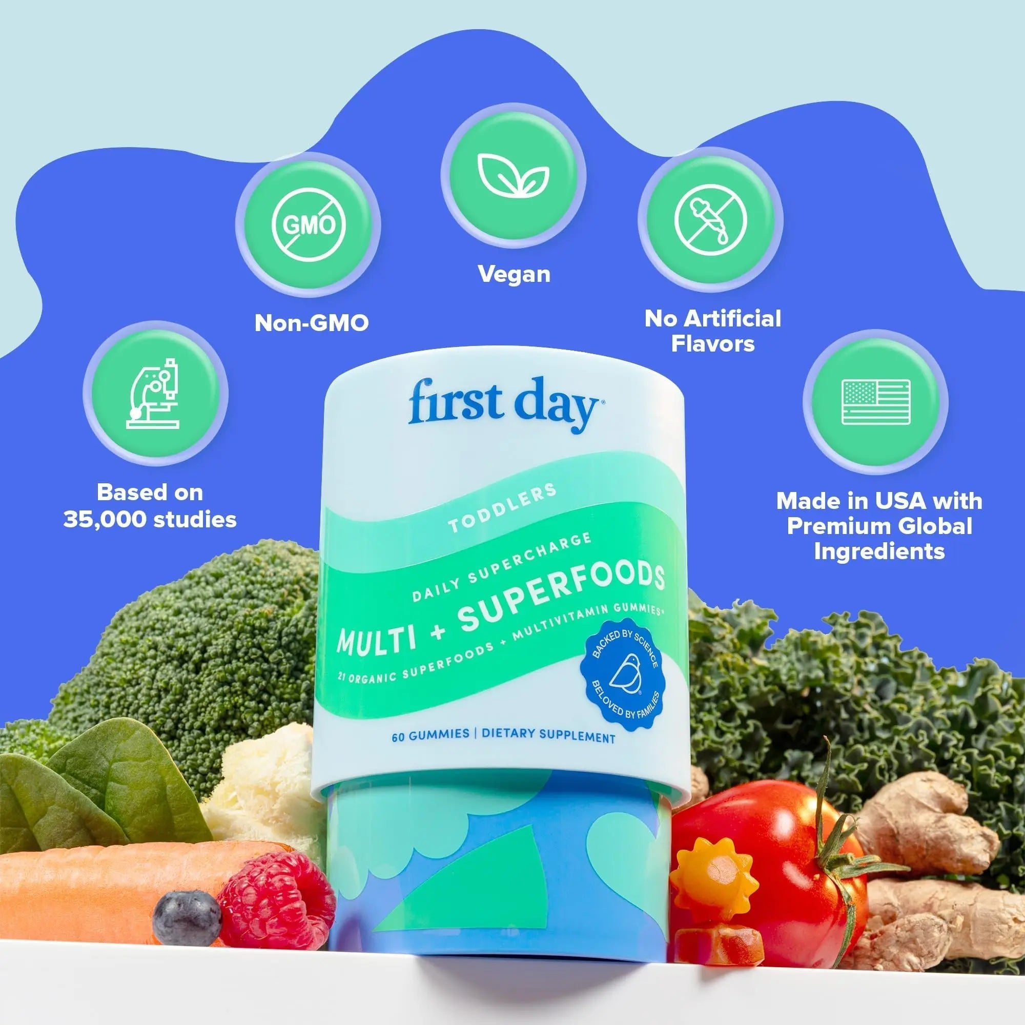 FIRST DAY Toddler Multivitamin Gummies (Ages 2-3)| Kids Multivitamin Gummies with Vitamins A C D3, B2, B12, Choline, Folate and 21 Organic Superfoods| (30 Day Supply) FIRST DAY Au supplements
