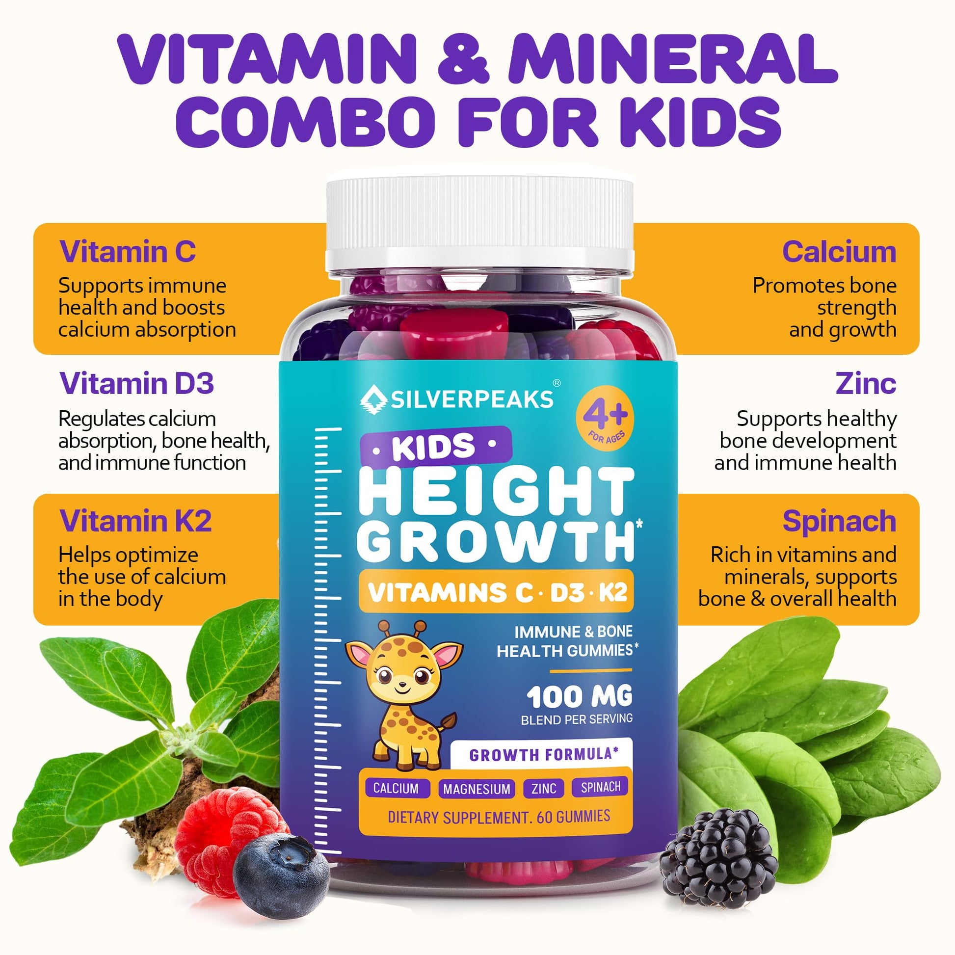 Height Growth Gummies for Kids - Growth Vitamins for Teens, Height Increase Multivitamin for Boys & Girls with Calcium Vitamin D C K2 Magnesium Zinc, Natural Height Growth Maximizer Supplement, 60 PCS SILVERPEAKS Au supplements