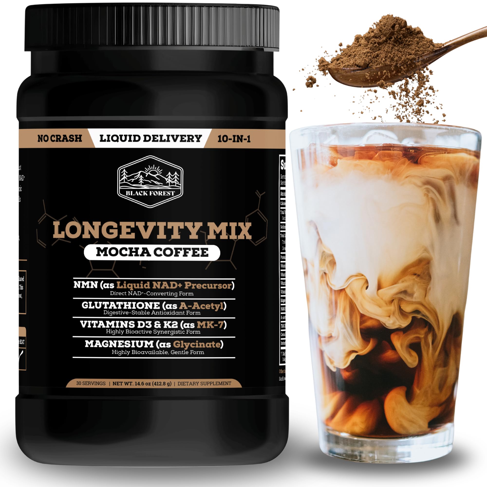 Black Forest Longevity Mix Liquid NAD+ Alternative Mocha Coffee 10-in-1 with NMN 250mg, Glutathione 250mg, TMG, Magnesium Glycinate, Vitamins D3 K2 C B12, High Polyphenol Cocoa, 30 Servings Black Forest Au supplements