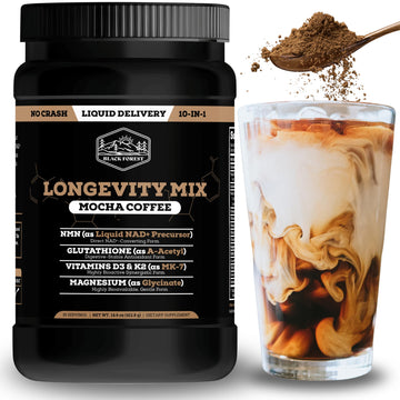 Black Forest Longevity Mix Liquid NAD+ Alternative Mocha Coffee 10-in-1 with NMN 250mg, Glutathione 250mg, TMG, Magnesium Glycinate, Vitamins D3 K2 C B12, High Polyphenol Cocoa, 30 Servings Black Forest Au supplements