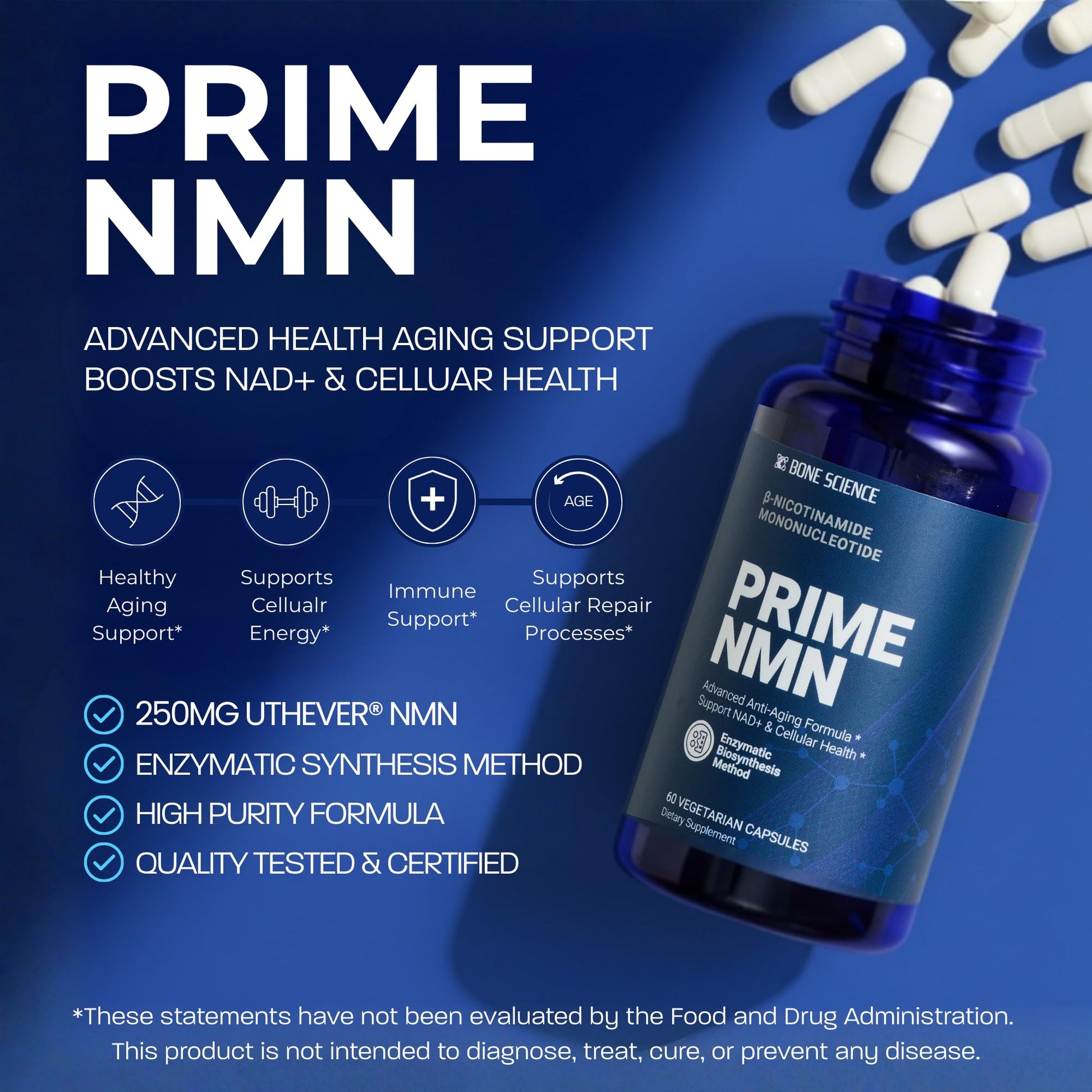 BONE SCIENCE Uthever NMN & Pterostilbene 6-in-1 Complex with Resveratrol, Glutathione & BioPerine - High Purity Stabilized NAD+ Precursor for Healthy Aging & Cellular Energy - 60 Vegetarian Capsules BONE SCIENCE Au supplements