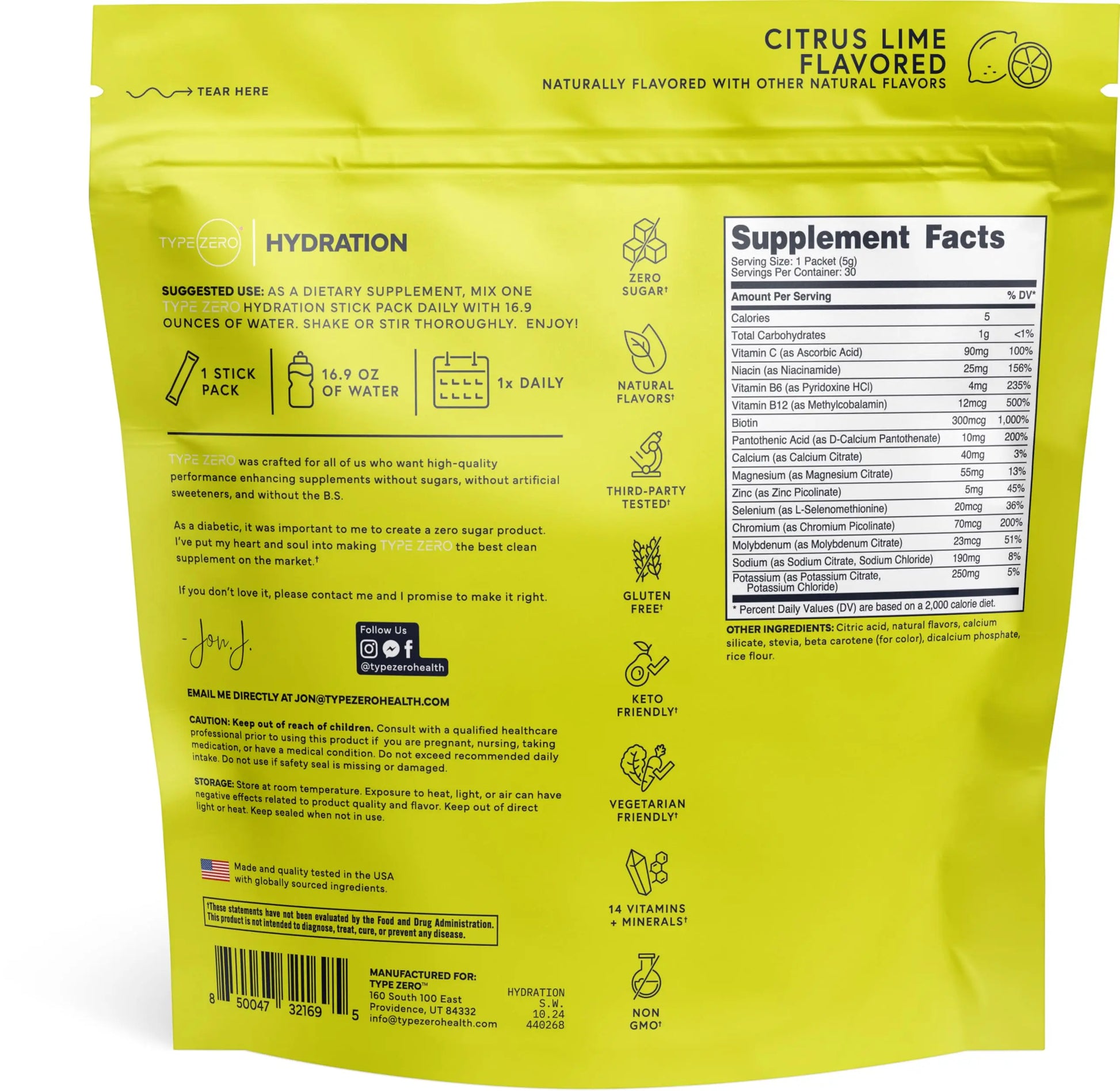 Type Zero Clean Hydration + Electrolytes Drink Mix (30 Single-Serving Packets) (Citrus Lime Flavored) - Advanced Hydration for Any Occasion Type Zero Au supplements