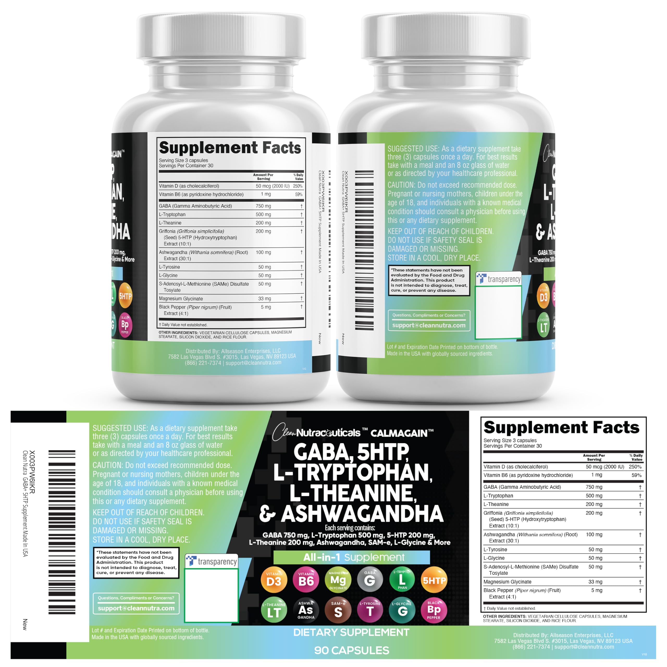 Clean Nutraceuticals GABA 750mg 5 HTP 200mg L Tryptophan 500mg L Theanine 200mg Ashwagandha SAM-e L-Glycine - Mood Support Vitamins for Women and Men with L-Tyrosine 5-HTP (5-Hydroxytryptophan) Clean Nutraceuticals Au supplements