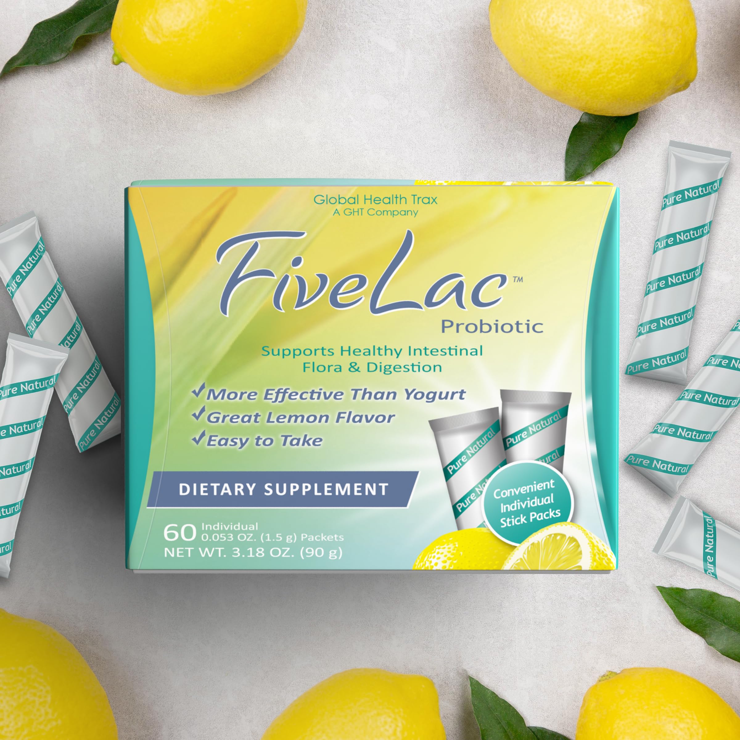 Global Health Trax GHT - FiveLac Lemon Probiotic Powder Drink Mix, Probiotics for Women, Men, Kids - Smooth Digestive Support & Elimination – Relieve Constipation & Gas - 60 Packets, 3.18 Oz, Non-GMO ght Global Health Trax Au supplements