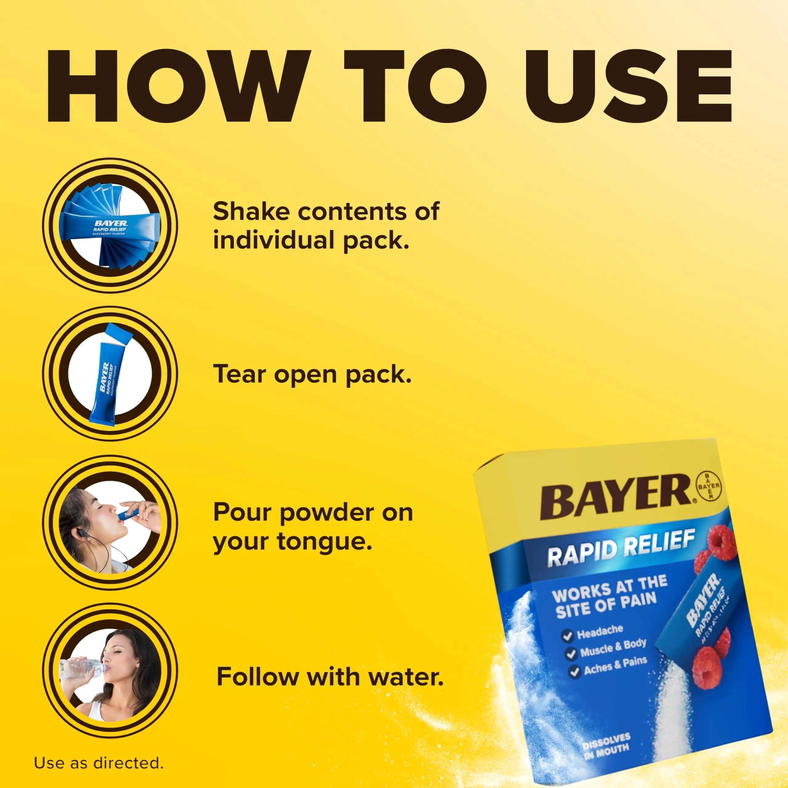 Bayer® Rapid Relief, Dissolvable Raspberry Flavor, Powder Packs with Aspirin & Caffeine, Fast Acting Headache Relief, Muscle and Body Pain Reliever, 30ct Bayer Au supplements
