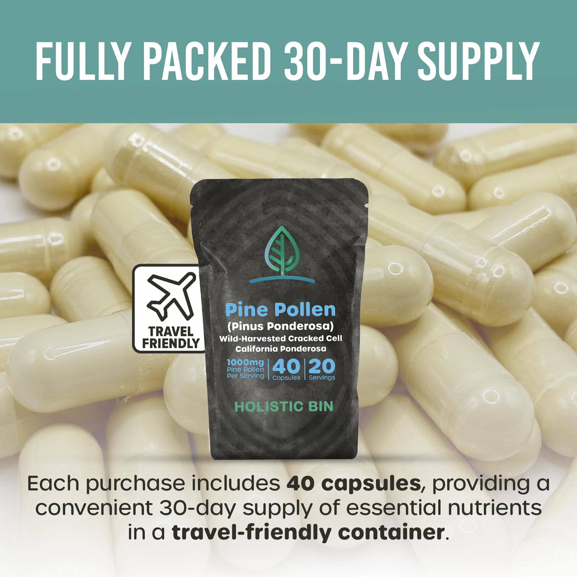 Holistic Bin Pine Pollen Capsules 500mg (Pinus Ponderosa) - Wild Harvested California Ponderosa Pine Pollen Powder - Olympic Grade - Organic, Non-GMO, No Fillers - 30 Day Supply (40 Capsules) Holistic Bin Au supplements