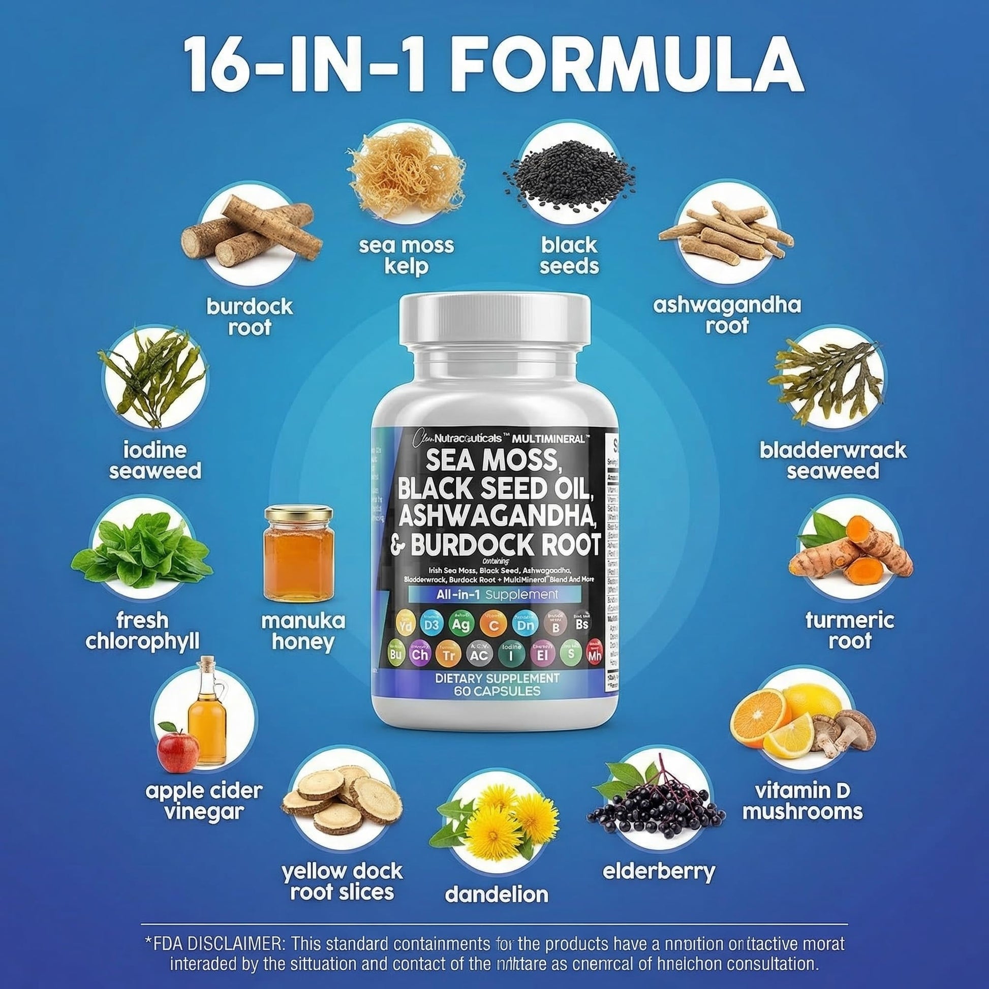 Clean Nutraceuticals Sea Moss Black Seed Oil Ashwagandha Turmeric Bladderwrack Burdock & Vitamin C Vitamin D3 with Elderberry Manuka Dandelion Yellow Dock Iodine Chlorophyll ACV Clean Nutraceuticals Au supplements