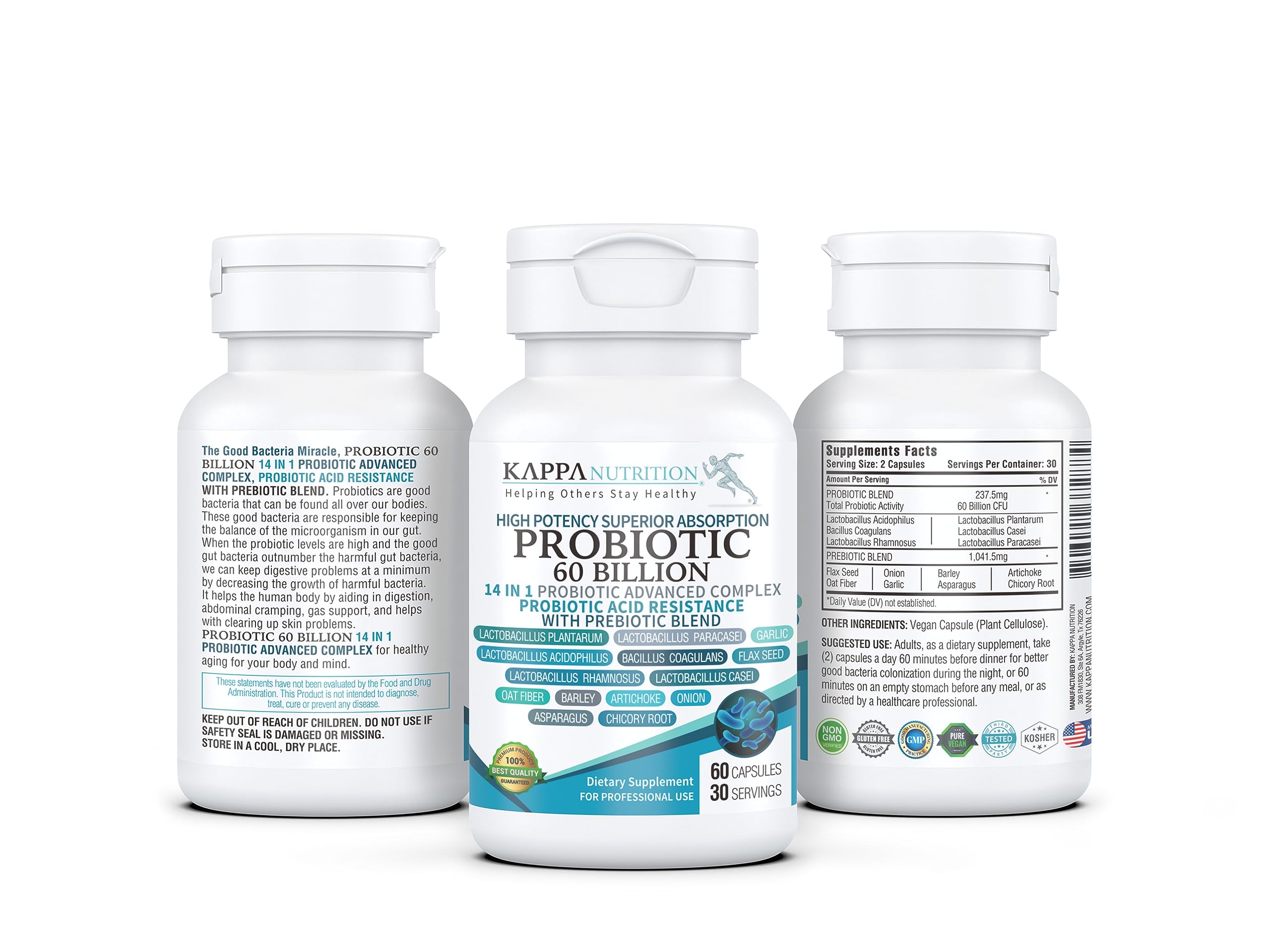 KAPPA NUTRITION Probiotic 60 Billion CFU 14 in 1 Formula with Prebiotics & Acidophilus for Women, Men & Adults, Shelf Stable, Acid Resistant, Natural Supplement 60 Capsules. KAPPA NUTRITION Au supplements
