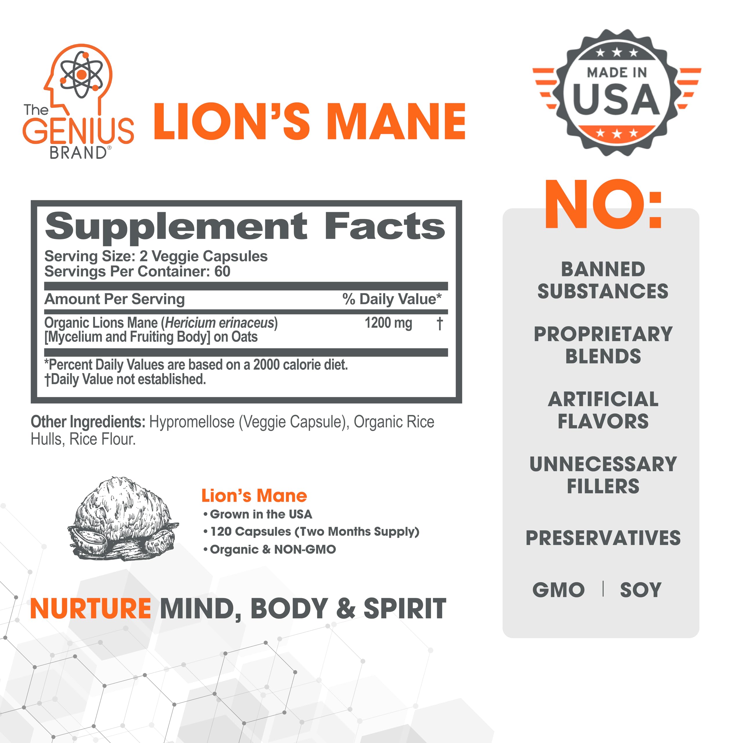Genius Lions Mane Supplement Capsules - Organic Nootropic Supplement, 1200mg per The Genius Brand Au supplements