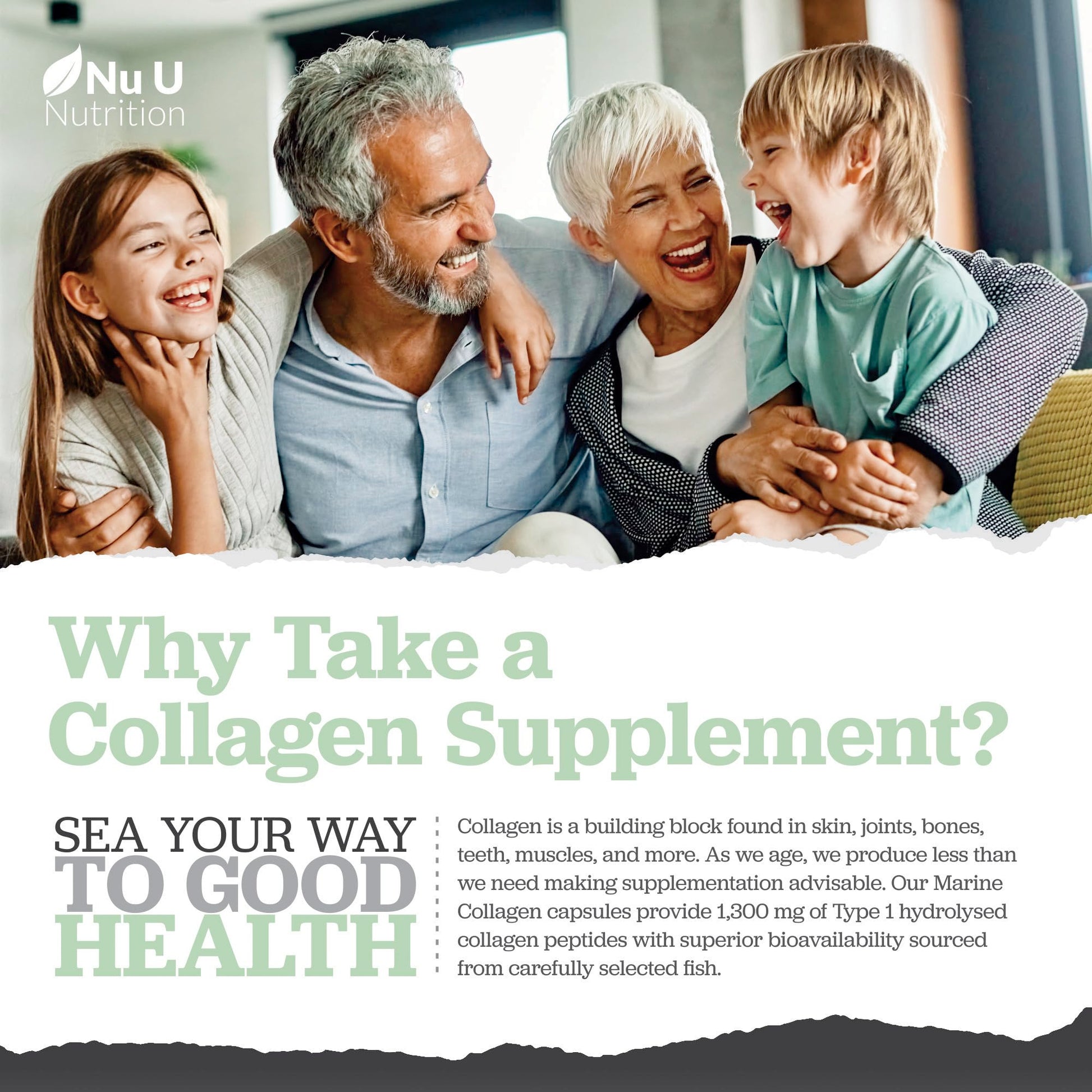 Marine Collagen with Hyaluronic Acid, Vitamin C - 90 Hydrolysed Capsules (not Tablets Nu U Nutrition Au supplements
