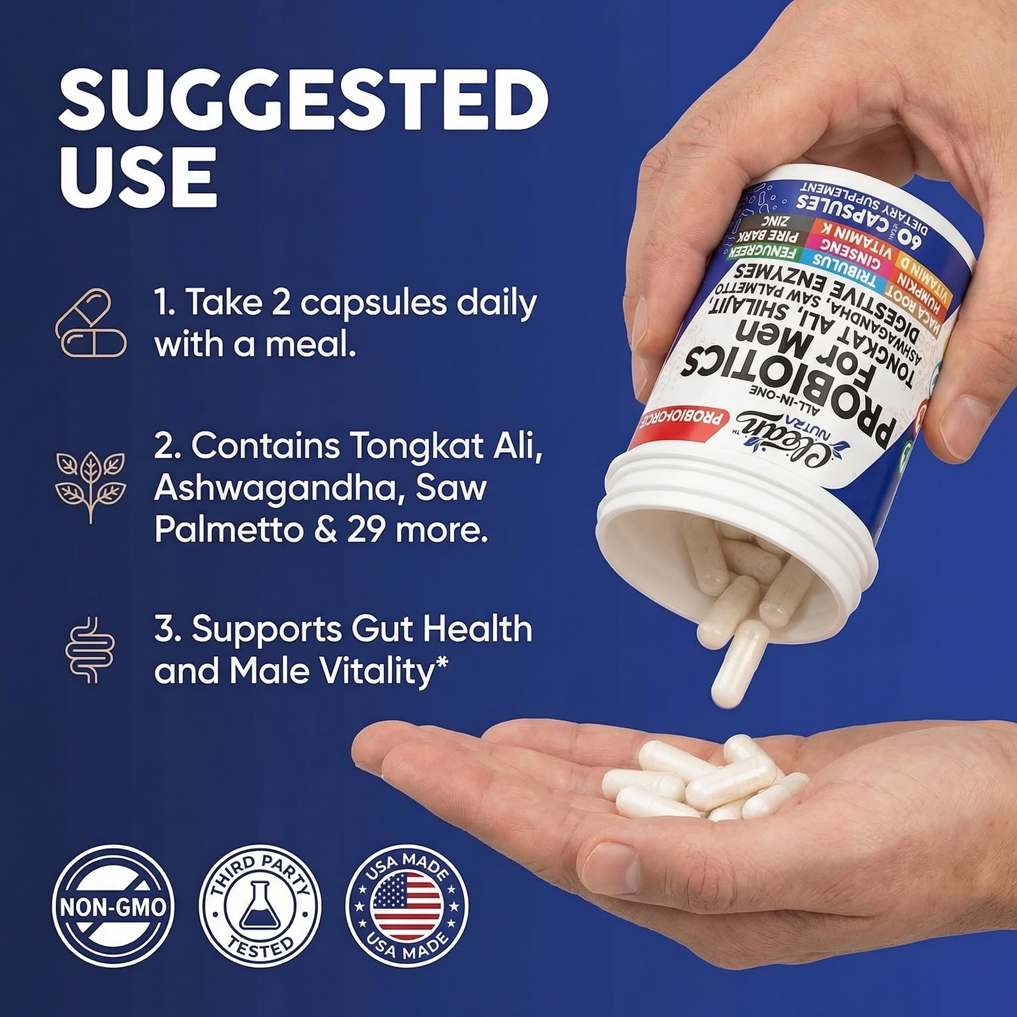 Clean Nutra Probiotics for Men | Tongkat Ali, Saw Palmetto, Tribulus, Ginseng, Ashwagandha, Maca, Pumpkin, Gingko Biloba, Pine Bark, Fenugreek, Shilajit, Zinc - Mens Probiotic 60 Capsules Clean Nutraceuticals Au supplements