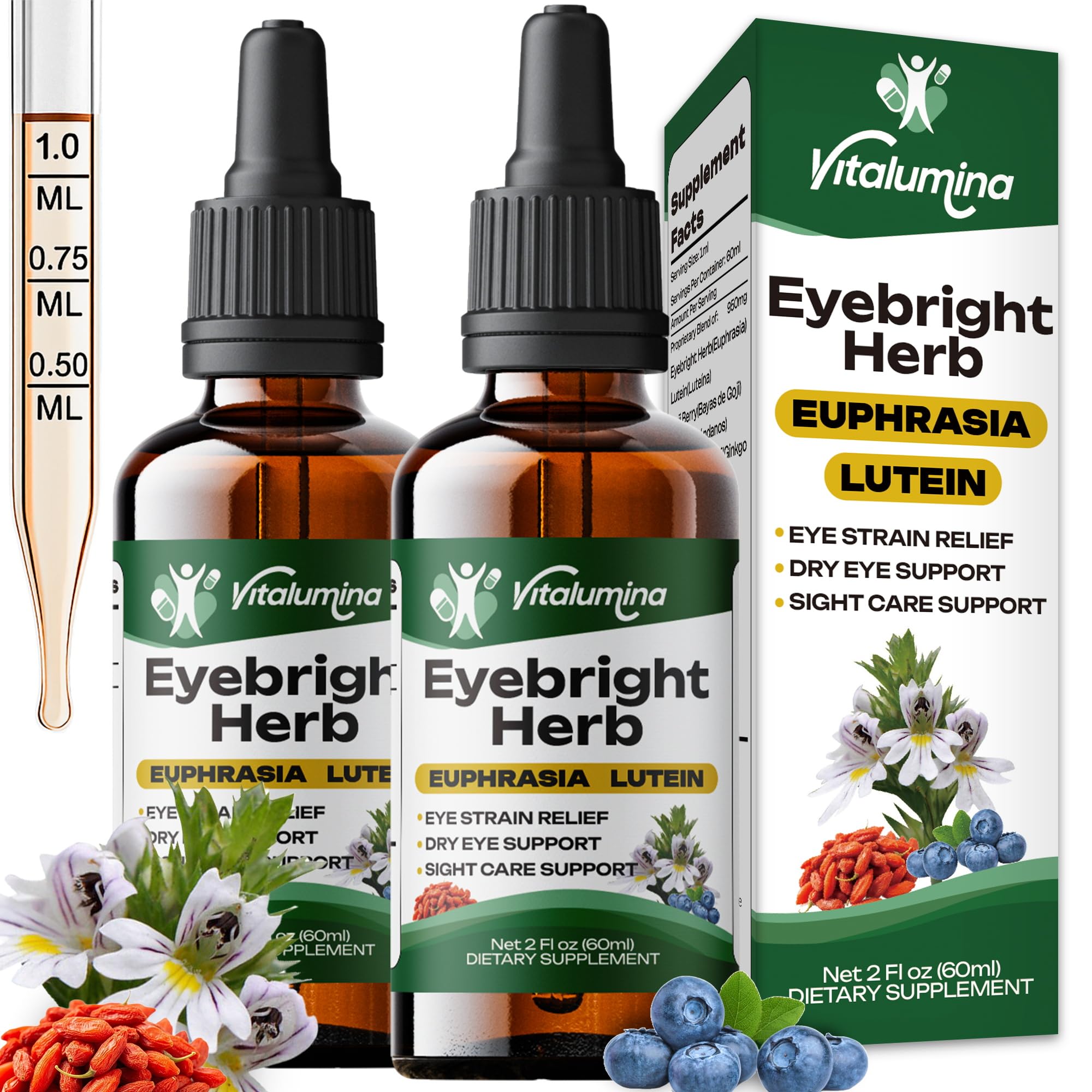 Vitalumina Eyebright Herbal Liquid with Organic Euphrasia, Lutein, Bilberry, Blueberry & Goji – Plant-Based Vegan Supplement for Adults – 4 fl oz Vitalumina Au supplements