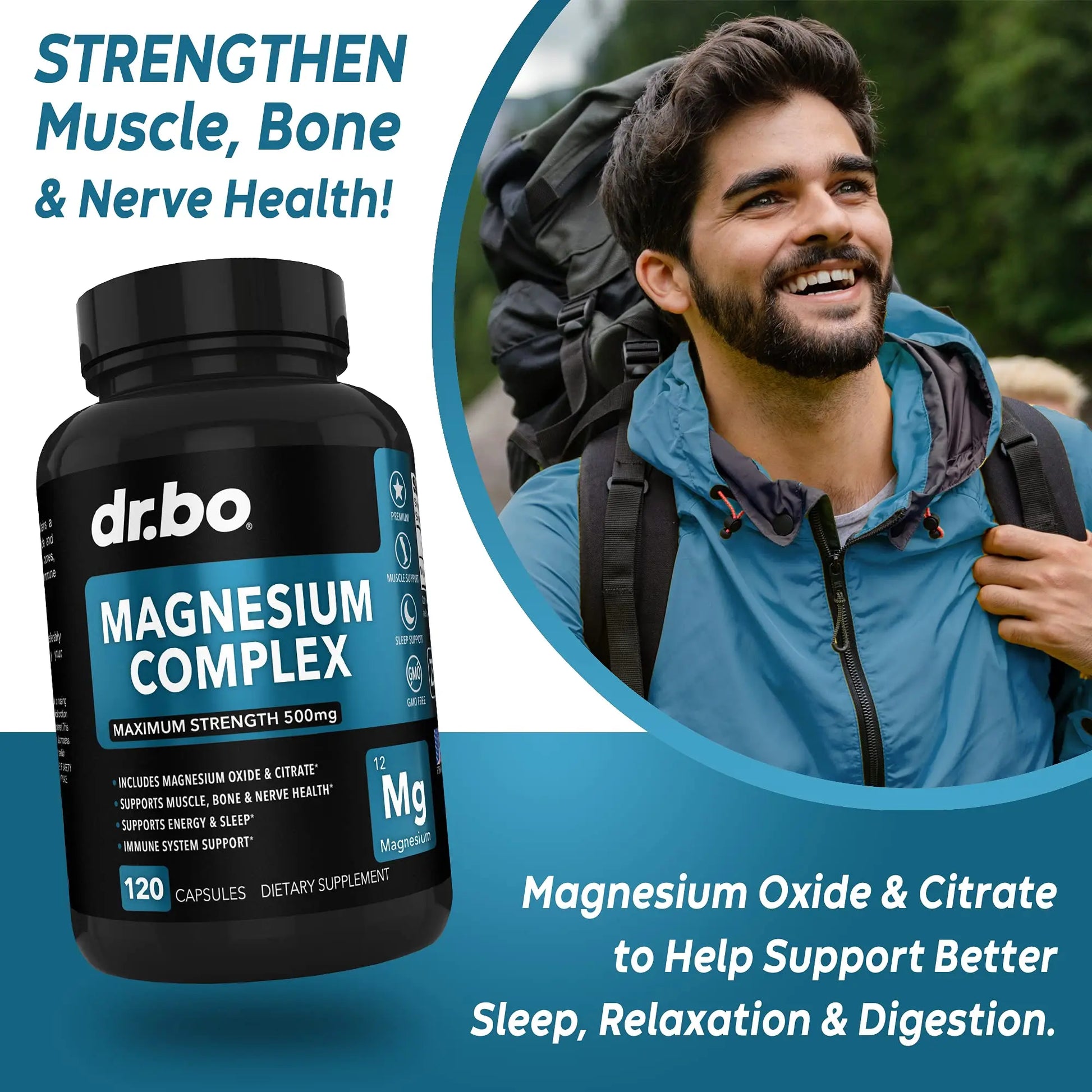 Magnesium Complex Supplement Capsules 500mg - Support Energy, Relaxation, Leg Cramps & Legs - Help Aid Muscle Support Supplements - High Absorption Premium Mag Citrate Oxide - 120 Capsules DR. BO Au supplements