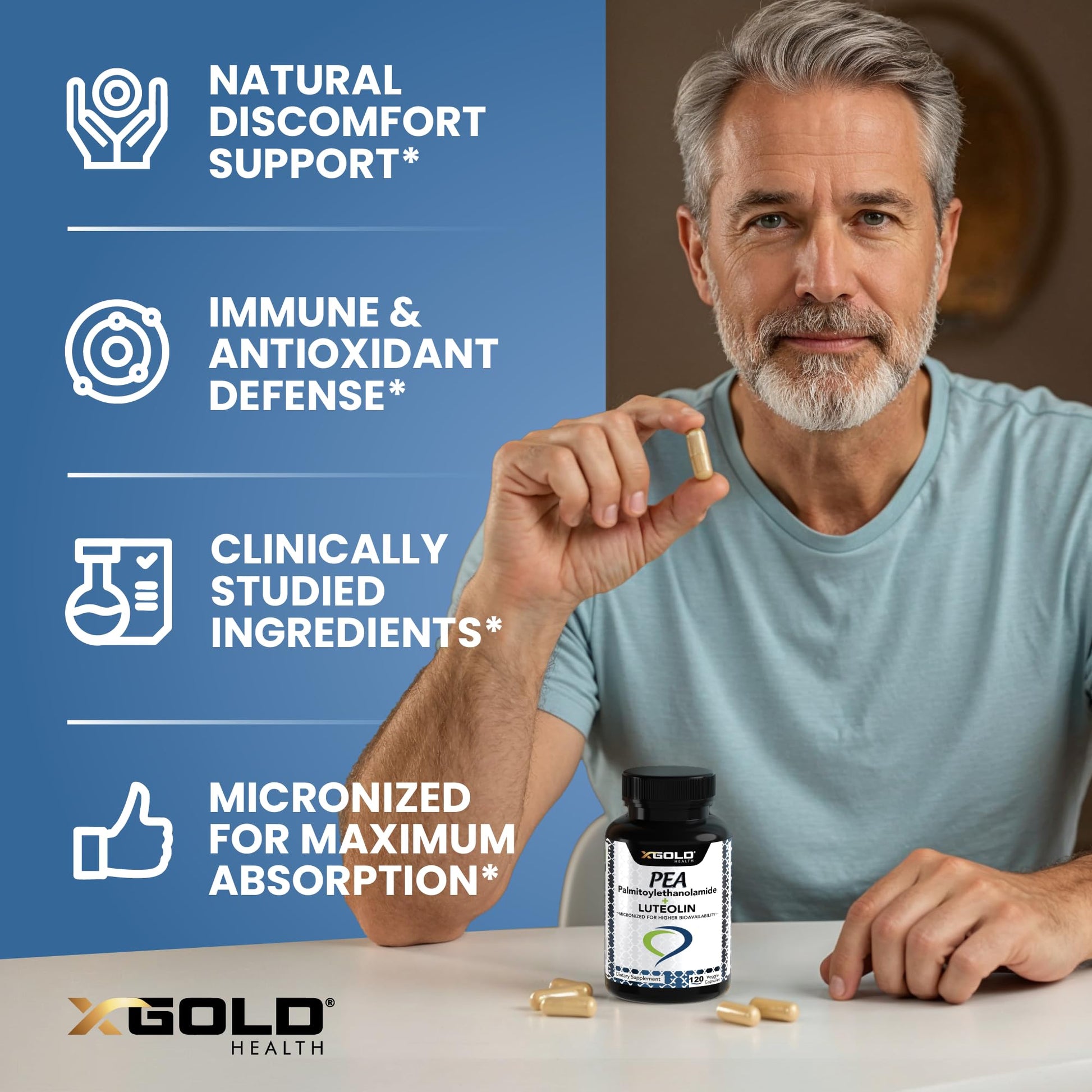 Palmitoylethanolamide 630 mg + Luteolin Standardized 98%- Micronized Pea 99% Highly Purified and Bioavailable - Made in USA - Supplement for Men and Women - 120 Veggie Capsules X Gold Health Au supplements