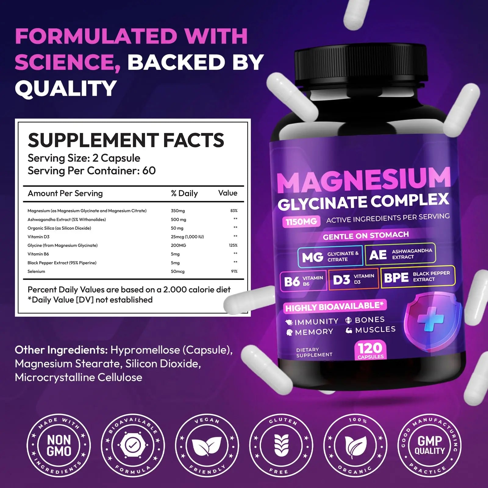 Magnesium Glycinate Complex 1150mg - Gentle on Stomach High Absorption Magnesium Capsules with Citrate, Silica, Ashwagandha & Vitamin B6 for Zzz, Stress Relief, Muscle Support for Adults, Women & Men Cytona Au supplements