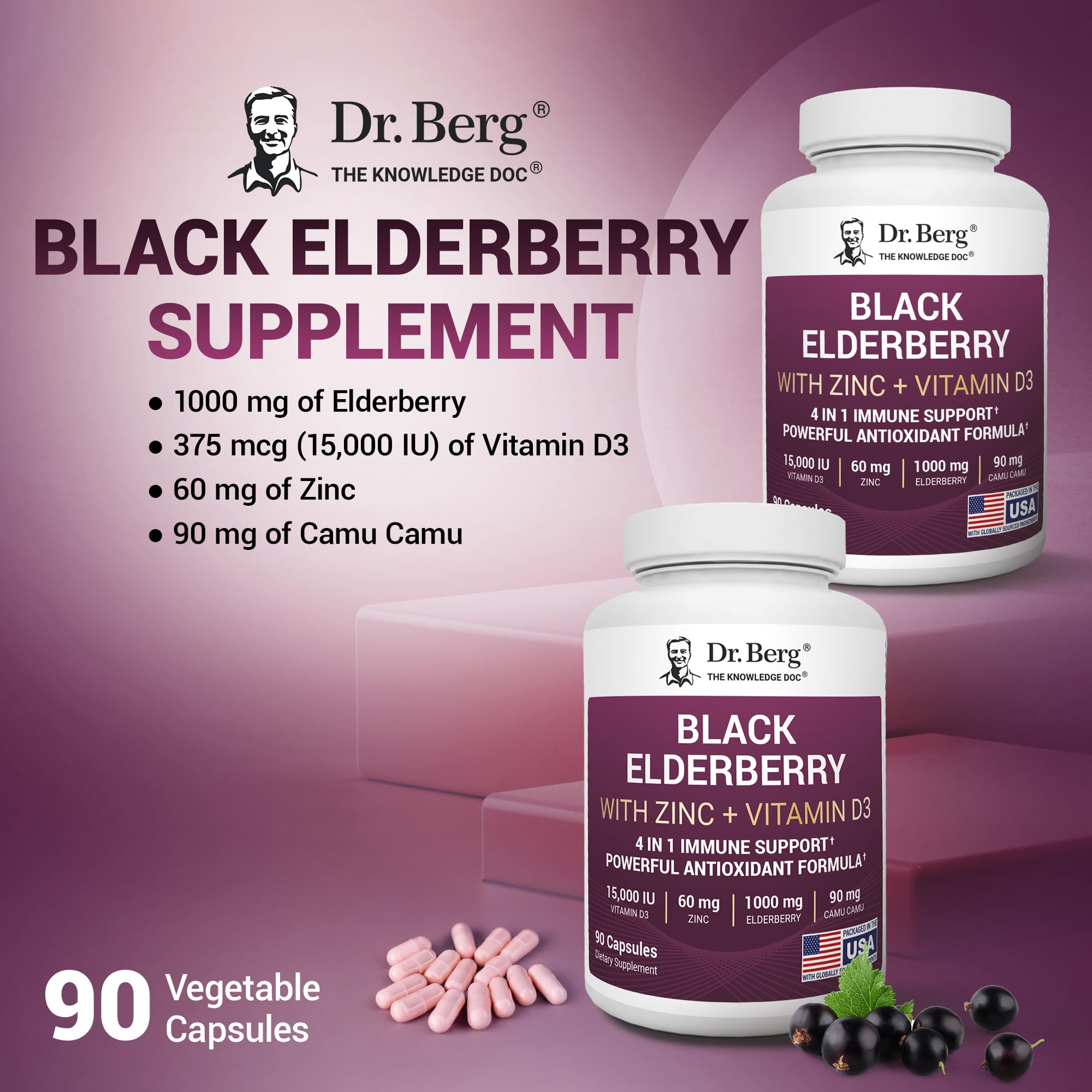 Dr. Berg Black Elderberry Capsules (Advanced Immune Support*) with 15,000 IU Vitamin D, 60 mg of Zinc, & 90 mg of Camu Camu - (4-in-1) Sambucus Elderberry Immune Support Supplement - 90 Capsules Dr. Berg Nutritionals Au supplements