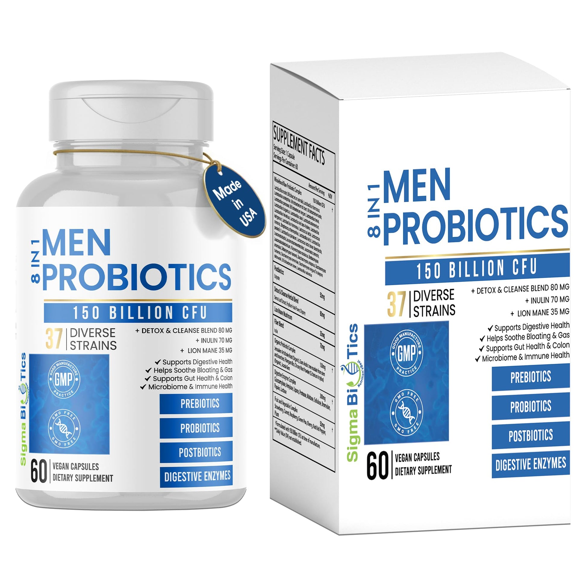 Probiotics for Men - 150 Billion CFU Acidophilus Capsules with Prebiotics & Postbiotics - Supports Gut Microbiome, Colon & Immune Health - 37 Strains with Digestive Enzymes - 60 Vegan Capsules SigmaBiotics Au supplements