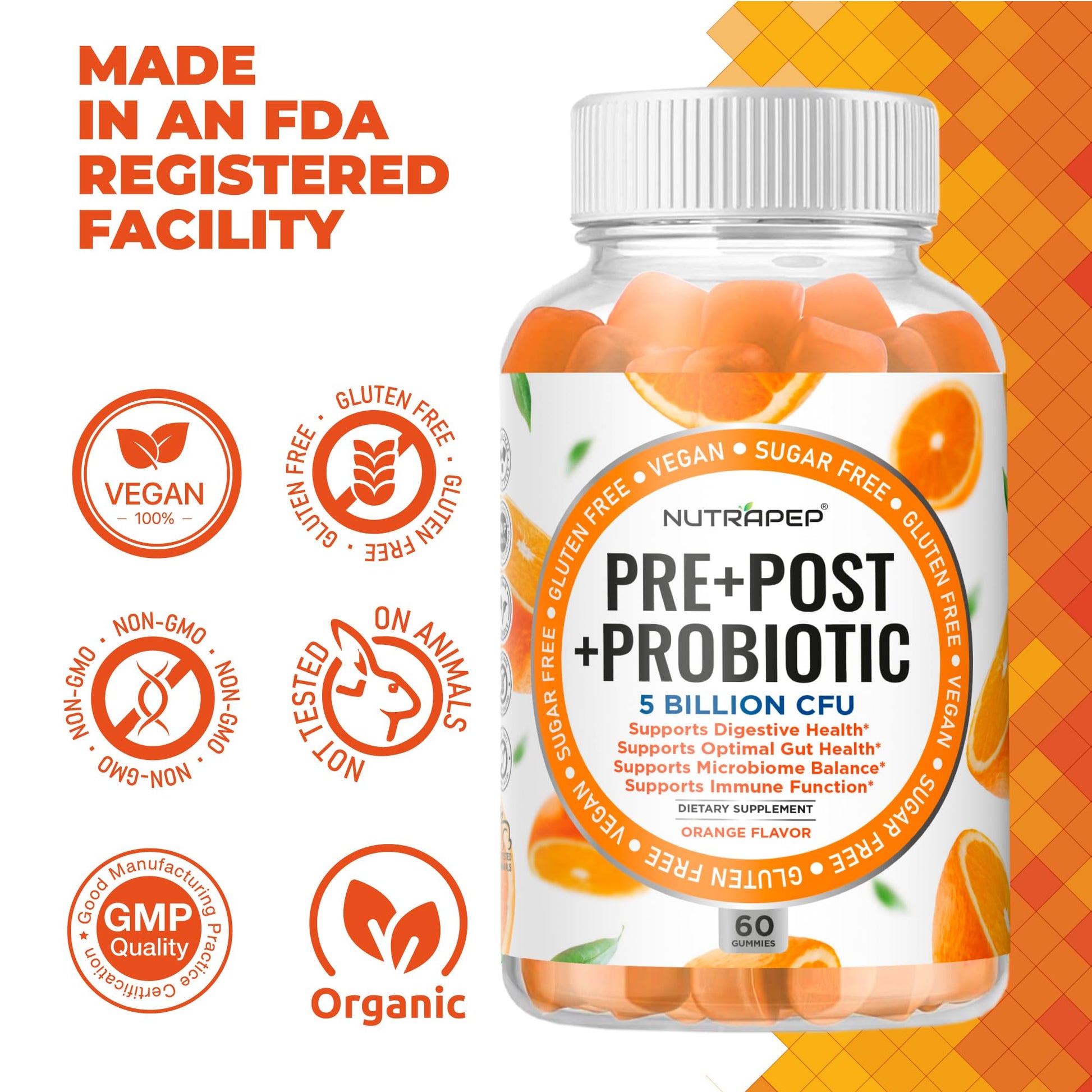 NutraPep Prebiotic Probiotic & Postbiotic Gummies for Women Men & Kids Children - High Potency 5 Billion CFU - Sugar-Free & Gluten 60 Count (Pack of 2) NutraPep Au supplements