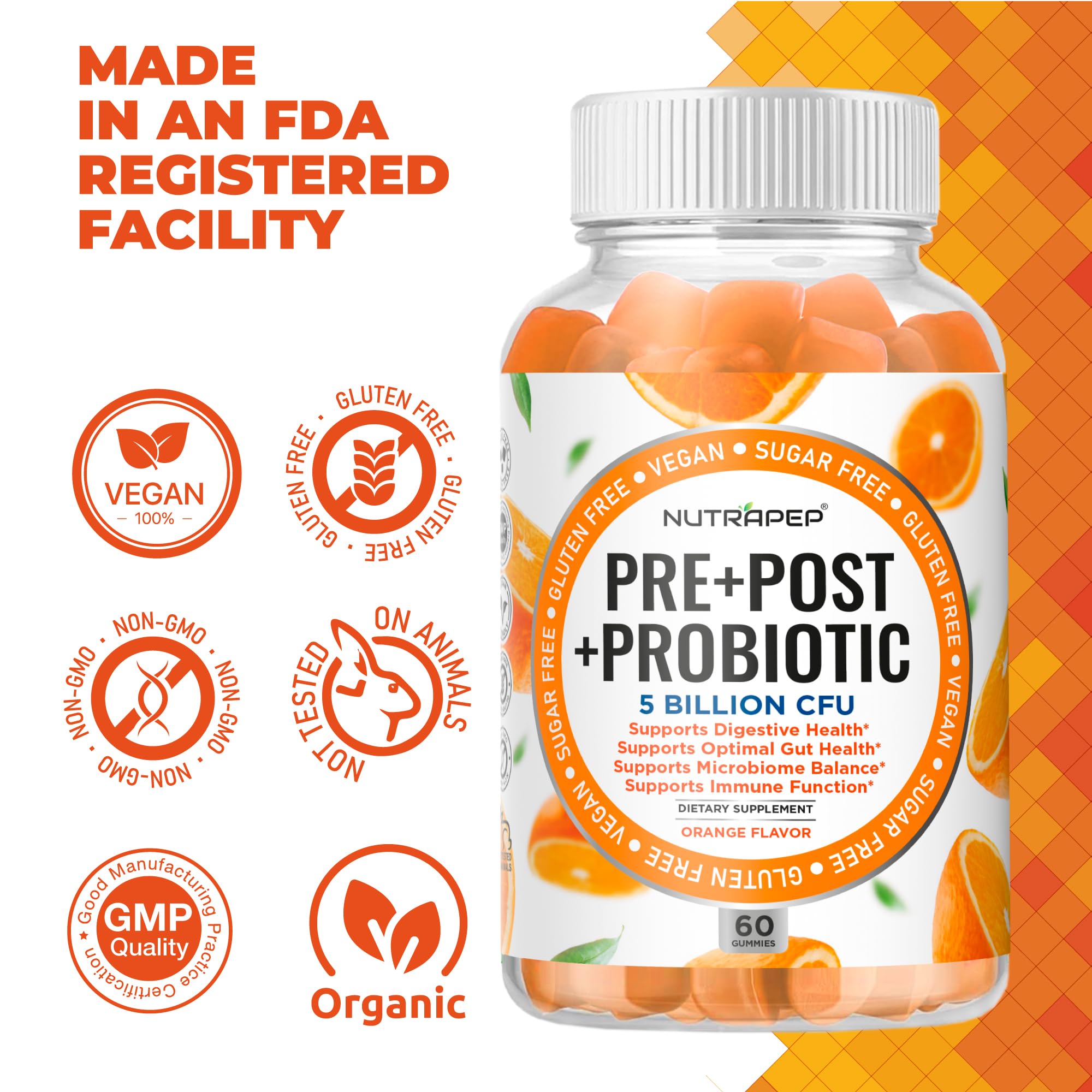 NutraPep Prebiotic Probiotic & Postbiotic Gummies for Women Men & Kids Children - High Potency 5 Billion CFU - Sugar-Free & Gluten 60 Count (Pack of 2) NutraPep Au supplements