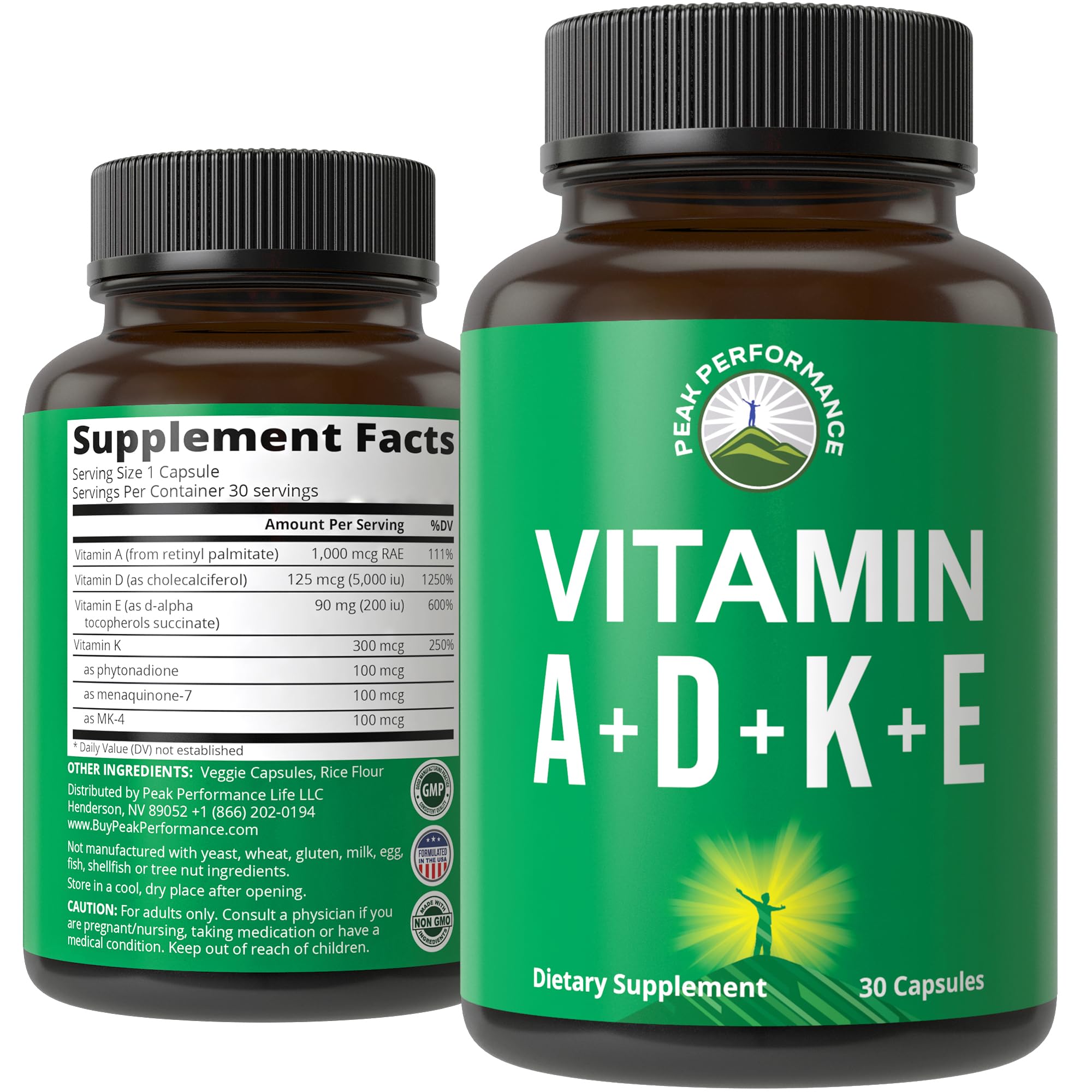 Peak Performance Vitamins D 5,000 iu + A + K + E All in 1 Easy to Swallow Vegan Capsule. ADK Vitamin Supplement with E D3 K2. Essential Vitamins for Mood, Immune, Bone, Vision, Heart Peak Performance Au supplements