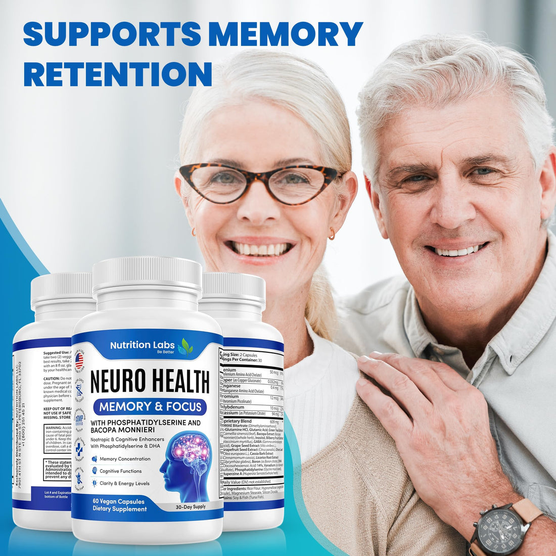 Nootropic & Neuro Brain Supplement for Memory & Focus Support. Clinically Tested Vitamins for Mental Support & Cognitive Clarity W/Bacopa Monnieri, VIT A, B6, Riboflavin, Niacin, Thiamin & Folate NUTRITION LABS BE BETTER Au supplements