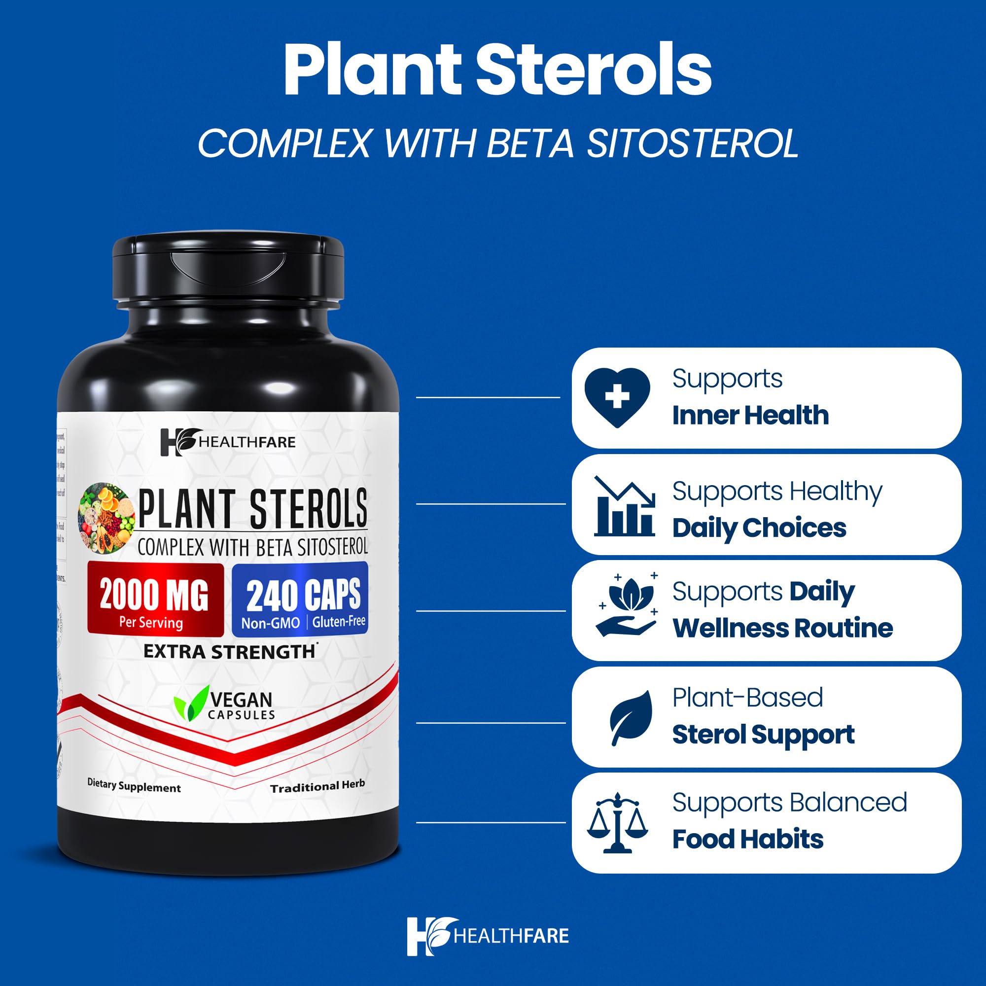 Healthfare Plant Sterols Capsules 2000mg | 240 Vegan Capsules | Beta Sitosterol & Phytosterol Complex | Plant-Based Supplement | Non-GMO & Gluten-Free | Made in the USA Healthfare Au supplements