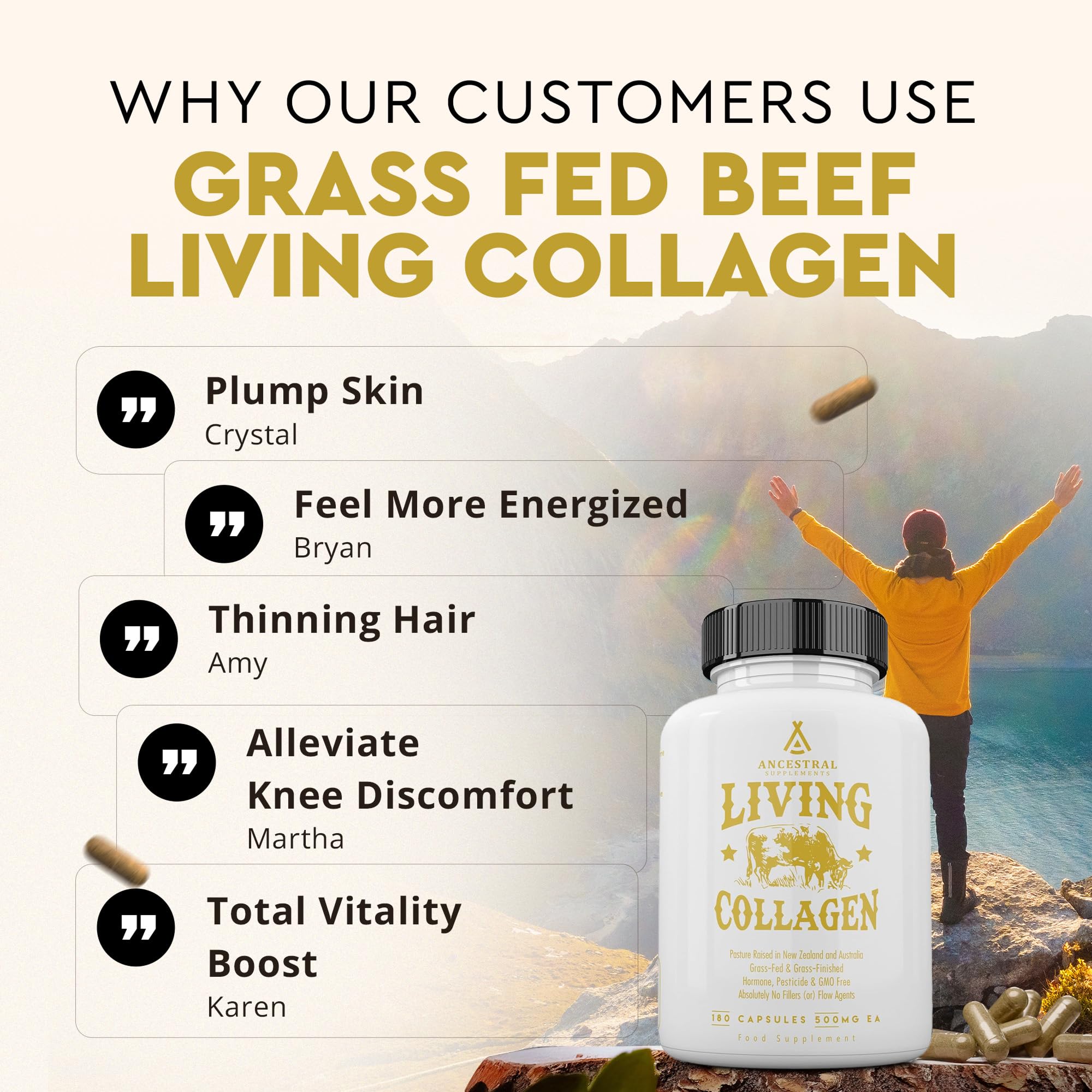 Ancestral Supplements Grass Fed Beef Living Collagen Nutritional Powder Supplement, 3000mg, Promotes Healthier, Younger Looking Skin, Hair, Nails and Joints, Type II, 180 Capsules Ancestral Supplements Au supplements