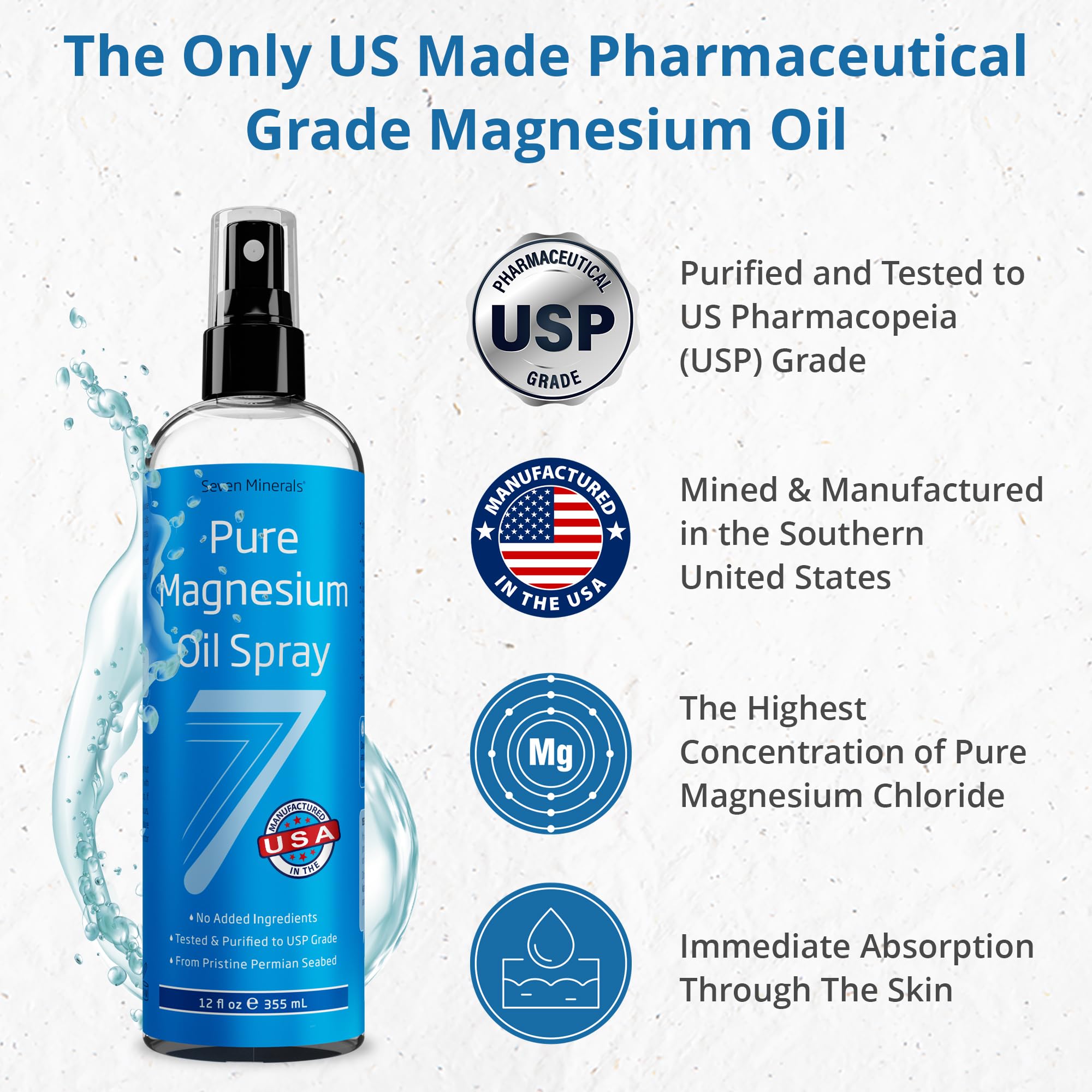 Seven Minerals Pure Magnesium Oil Spray, Big 12oz, USP Grade, Extra Strength, for Feet, Sleep, Muscle Pain & Cramps - Mined in The USA Seven Minerals Au supplements