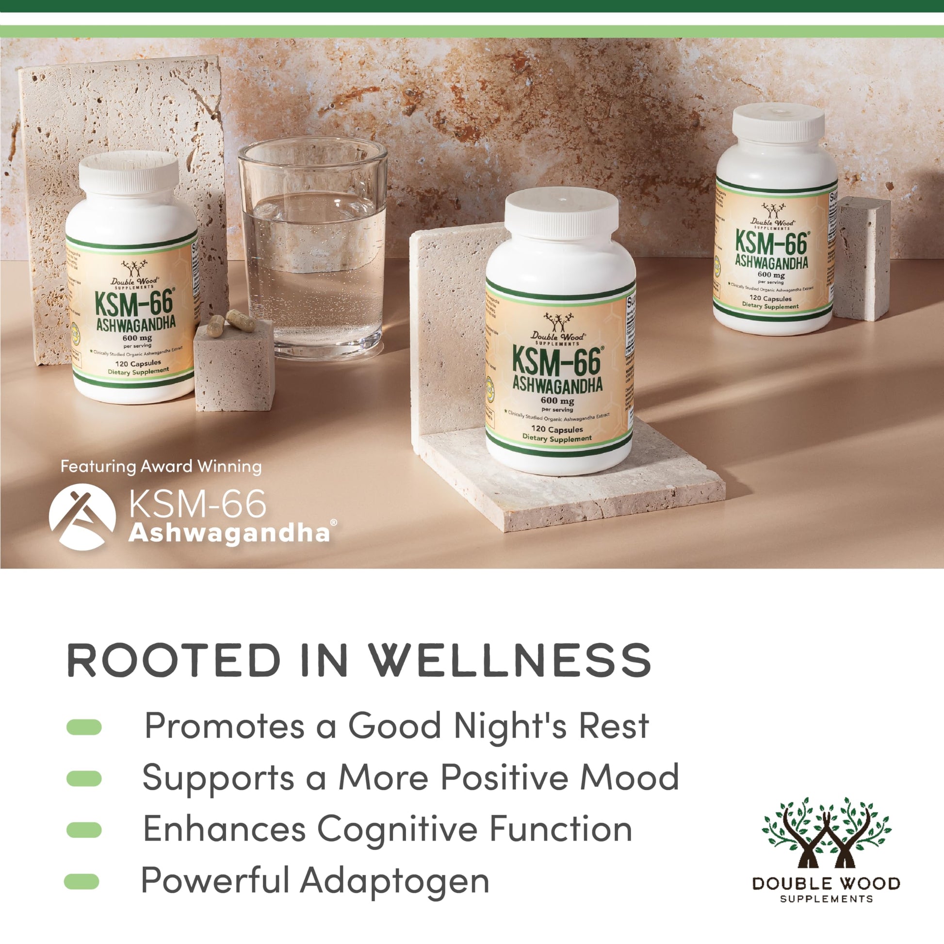 Double Wood Supplements Ashwagandha KSM 66 Organic and Clinically Studied Extract (600mg Per Serving, 120 Capsules, 60 Servings) Adaptogen Cortisol Manager for Women and Men Double Wood Supplements Au supplements