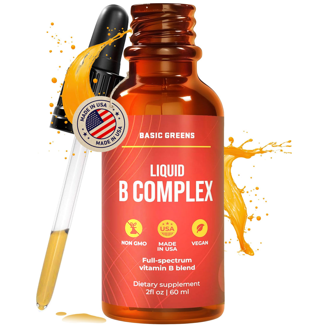 BASIC GREENS Vitamin B Complex Liquid Drops - Strength Sublingual Formula, Maximizes Absorption & Boosts Energy - B1, B2, B3, B5, B6, B7, B9, B12 - Natural Vegan Supplement BASIC GREENS uk supplements
