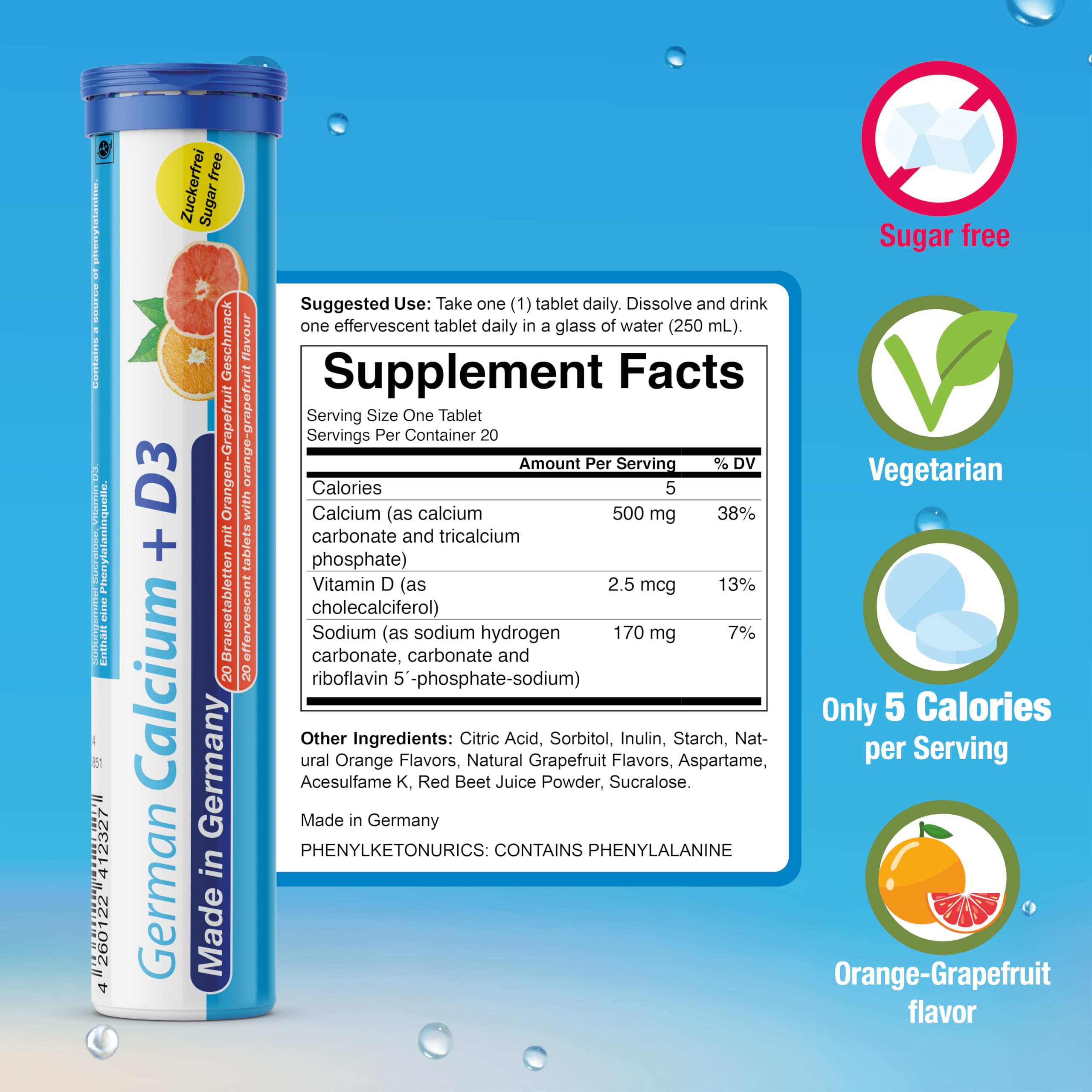 T&D German Vitamin, Minerals - 140 Vegan/Vegetarian Drink Effervescent Tablets - Mixed Fruit Flavor Box - Made in Germany T&D Au supplements